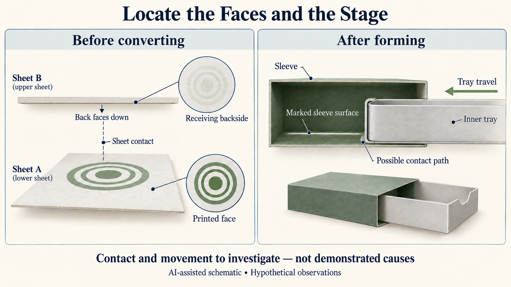 Evidence map showing the down-facing back of upper Sheet B opposite the printed front of lower Sheet A, and a tray travel arrow beside a marked interior sleeve surface.