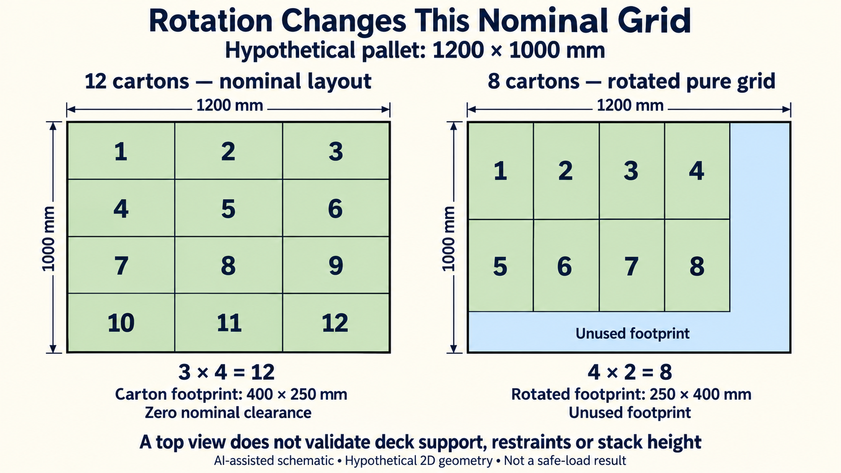 Hypothetical top views with twelve cartons in a three-by-four grid and eight identical cartons uniformly rotated into a four-by-two grid, with unused space.
