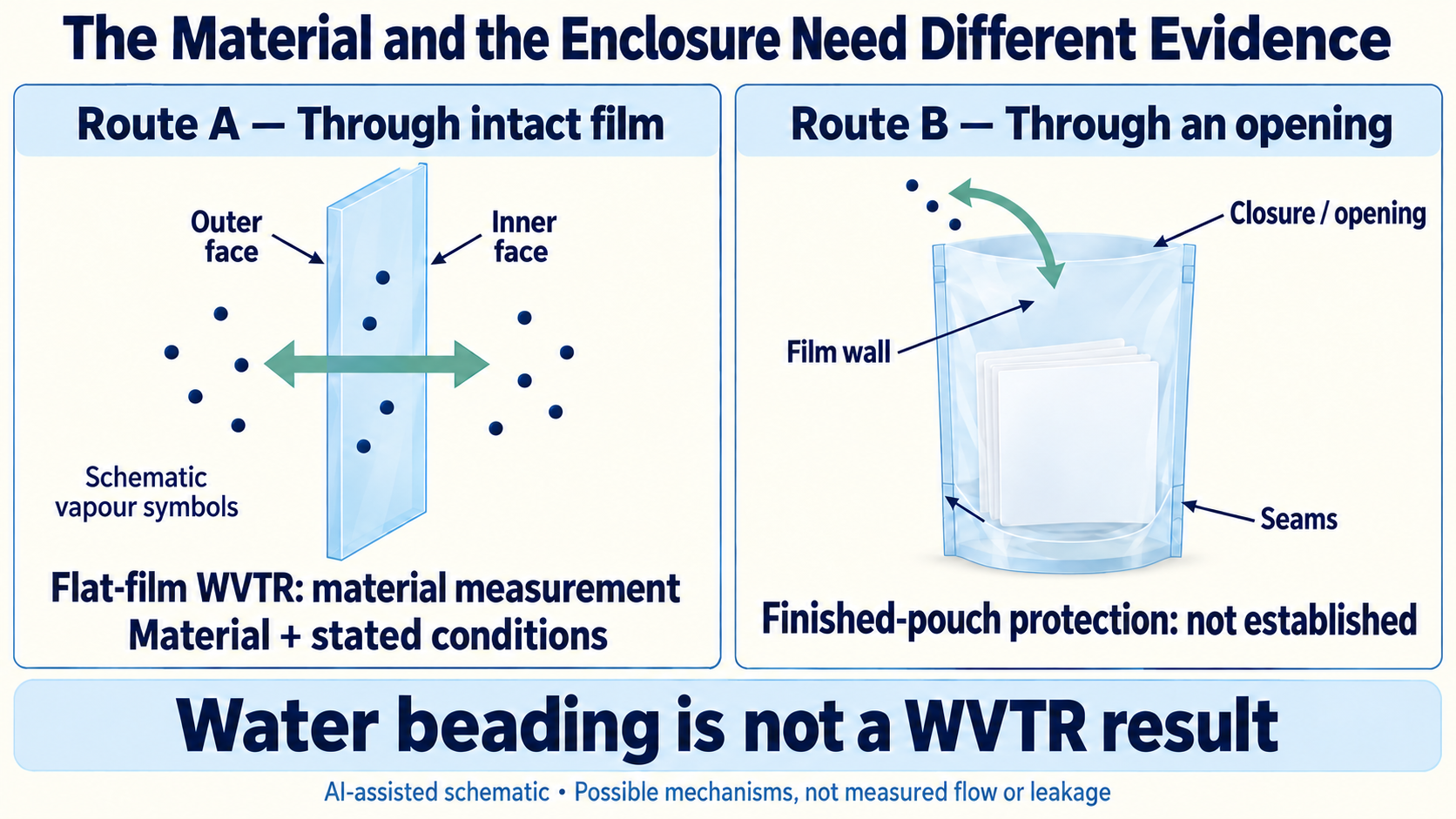 Two-panel schematic contrasting intact-film transport under stated material conditions with an undefined pouch-opening route, with separate wall, seam and closure callouts.