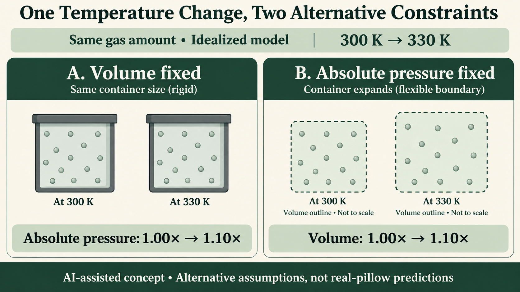Ideal-gas schematic comparing fixed volume with fixed absolute pressure for the same hypothetical gas amount at 300 K and 330 K.