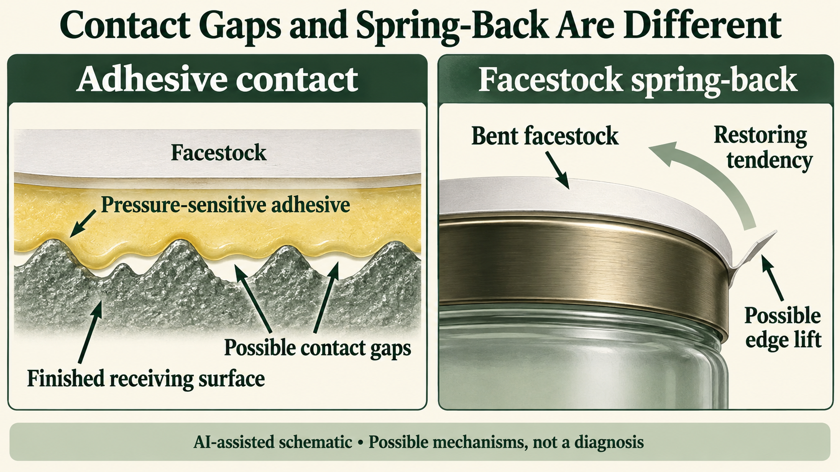 Schematic comparing possible gaps in adhesive contact with a textured finished surface and restoring tendency of bent facestock around a curved container.