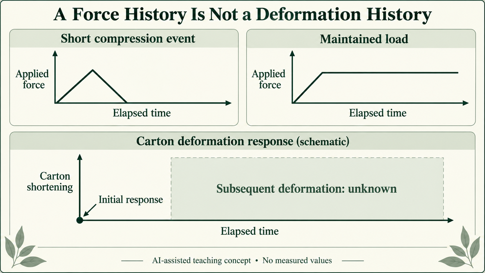 Schematic contrasting a brief compression force history with maintained loading and an unplotted later carton-shortening response.