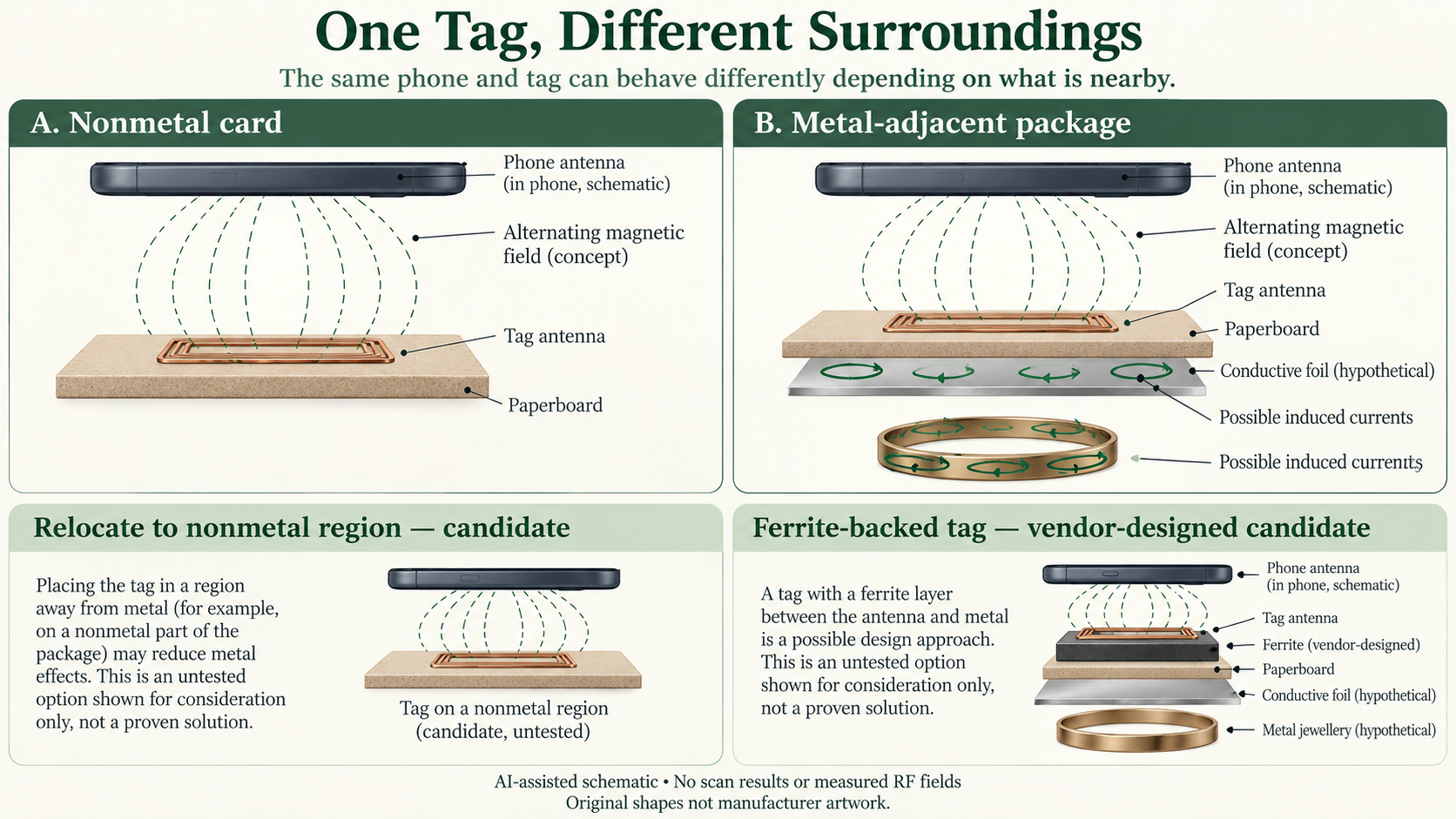 NFC schematic comparing nonmetal paperboard mounting with metal-adjacent surroundings and two unverified relocation or ferrite-backed candidates.