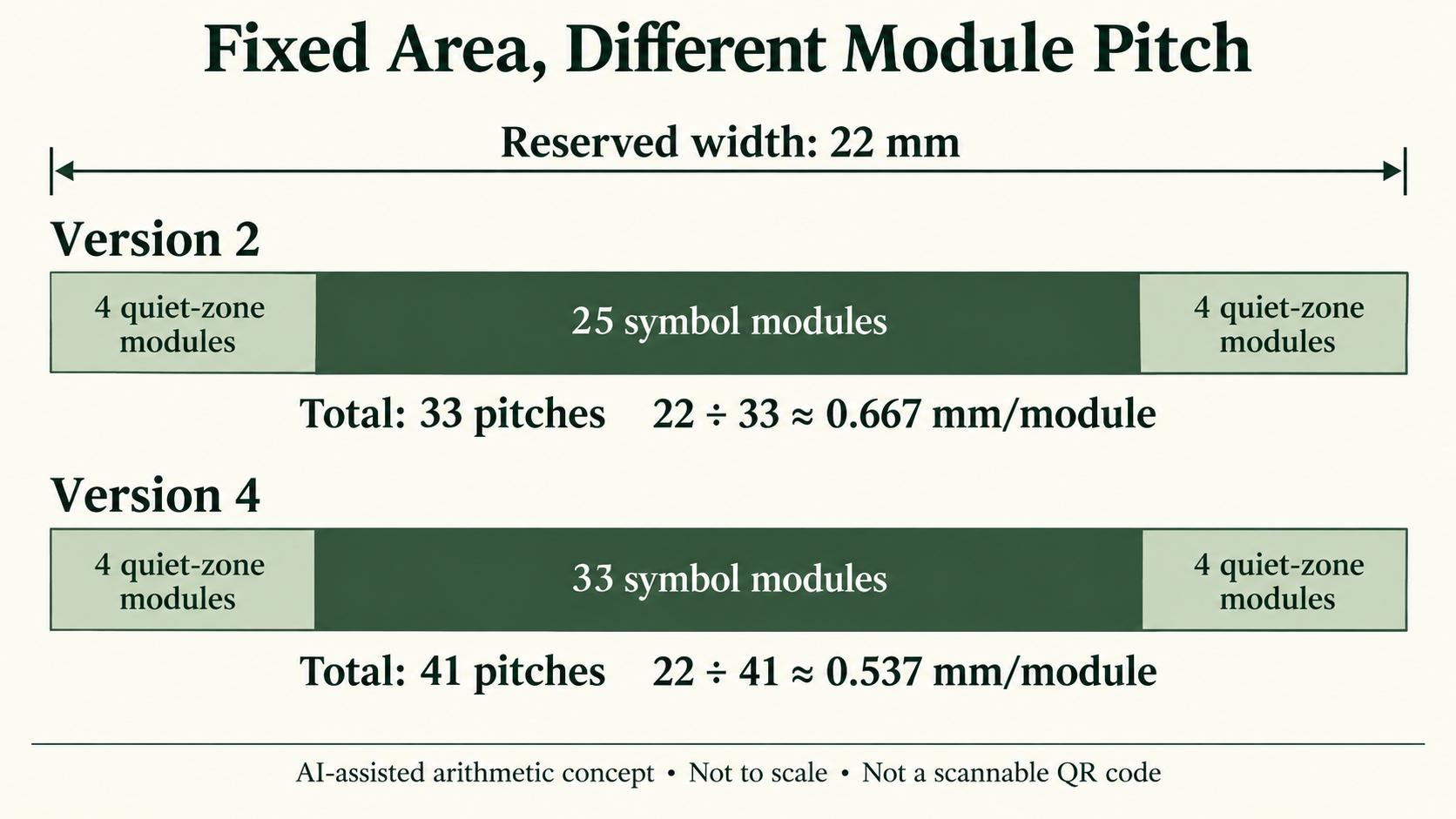 Hypothetical 22 mm allocation calculation for Version 2 with 25 symbol modules plus eight quiet-zone modules and Version 4 with 33 plus eight.