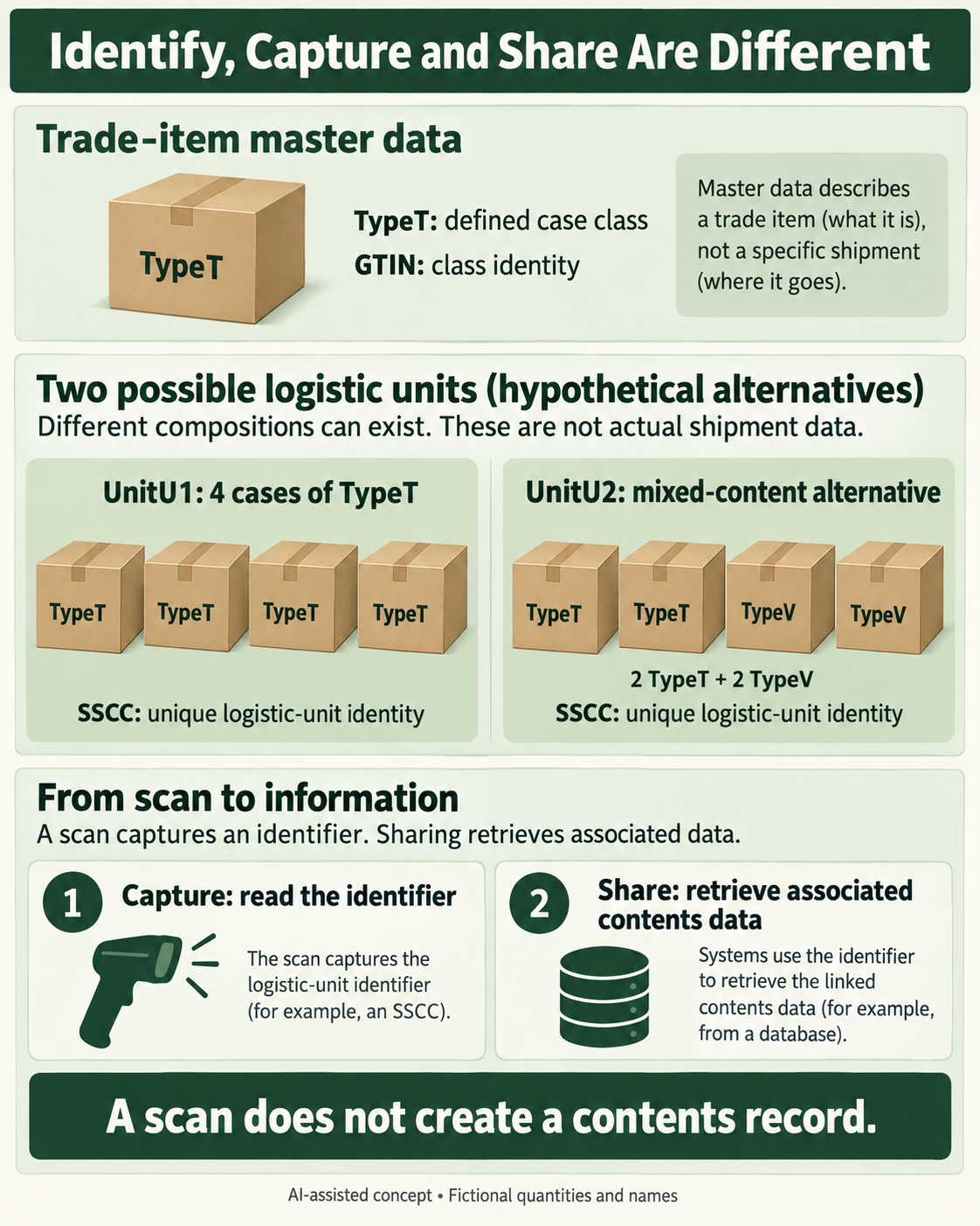 Hypothetical homogeneous UnitU1 with four TypeT cases and mixed alternative UnitU2 with two TypeT and two TypeV cases, separating identifier capture from contents-data sharing.