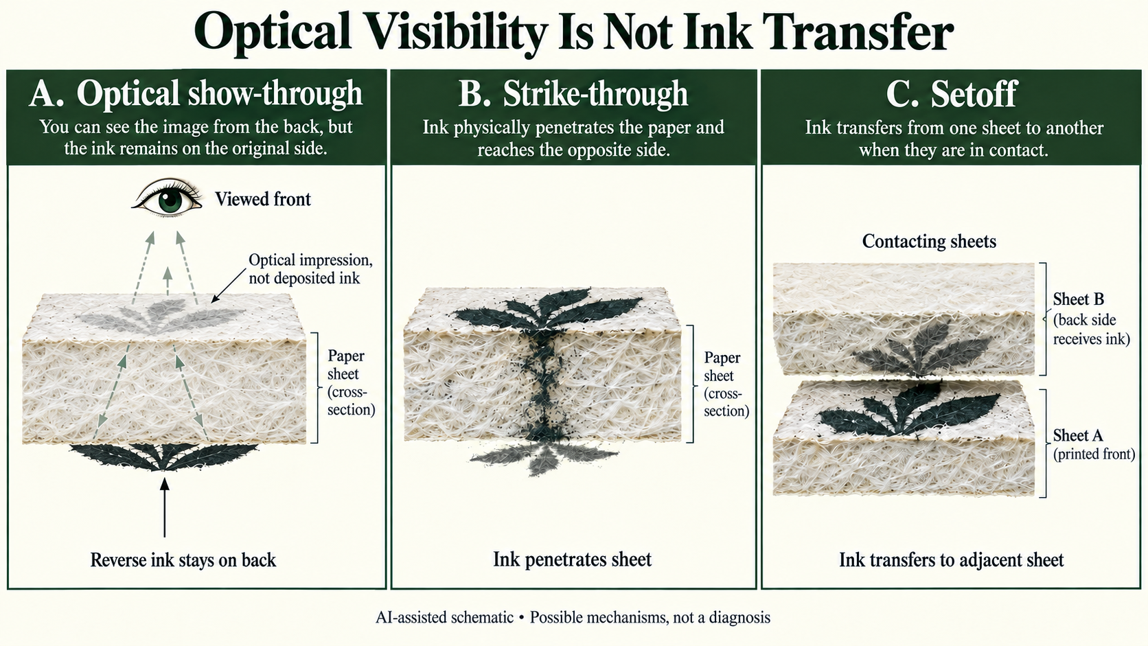 Schematic separating optical show-through on one sheet, ink penetration through that sheet and setoff onto an adjacent contacting sheet.