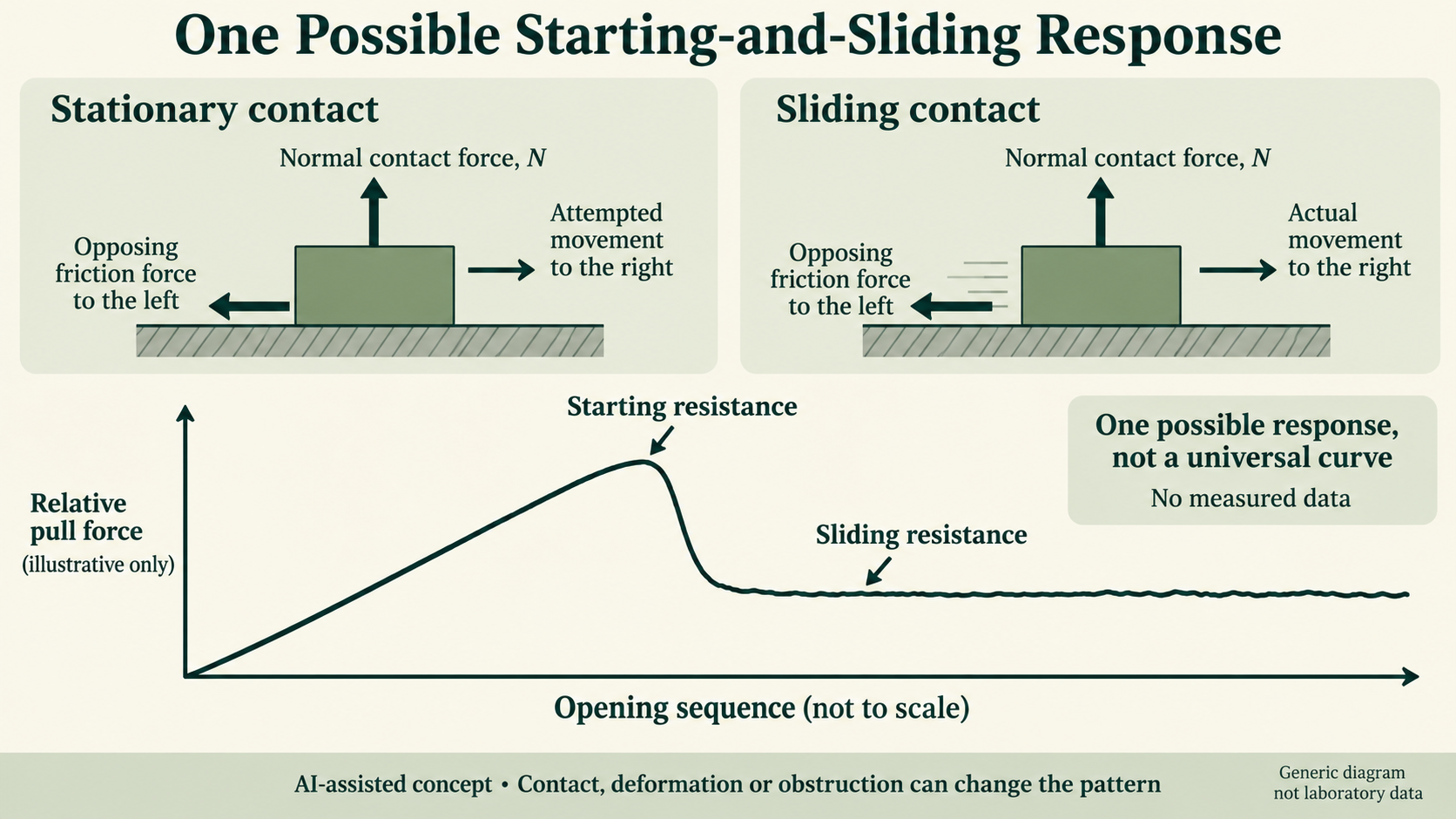 Schematic of stationary and sliding contact with one possible qualitative starting peak and lower continued resistance, without numerical forces.