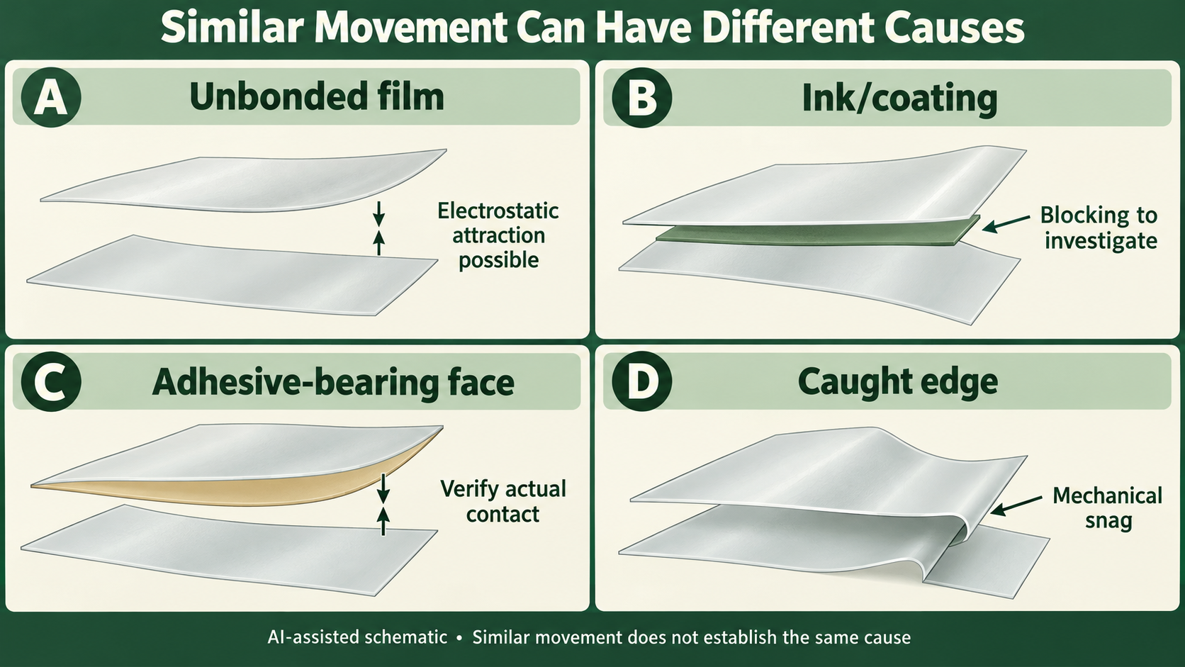 Four-interface schematic comparing possible electrostatic attraction, coating blocking, actual adhesive contact and a caught-edge mechanical snag.