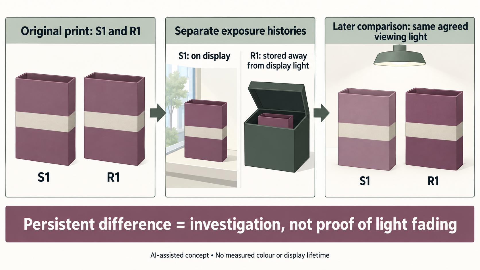 Three-stage schematic showing matched hypothetical sleeves, separate display and reference-storage histories, and a later S1/R1 comparison under one agreed light.