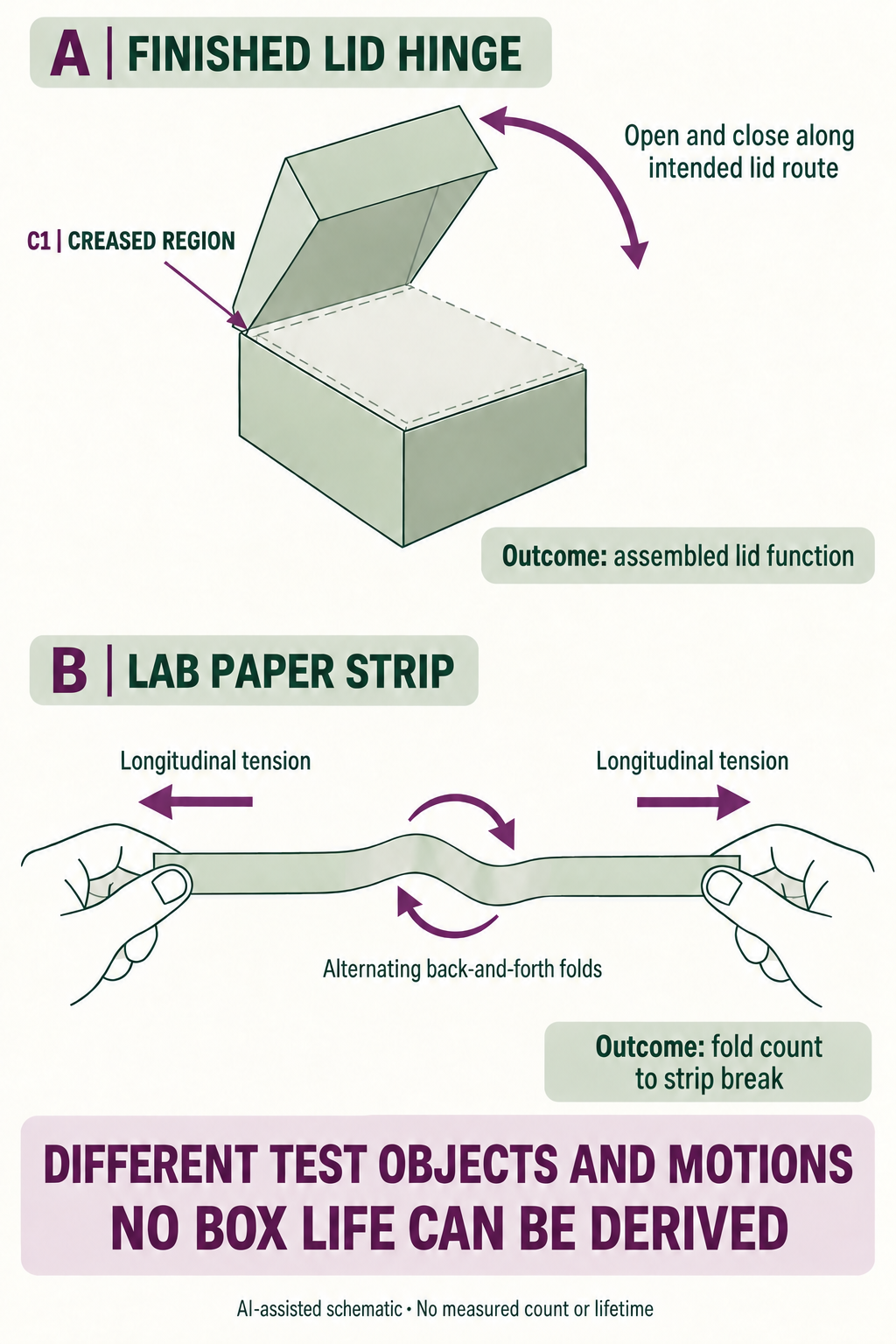 Schematic contrasting an assembled C1 lid hinge opening and returning along one route with a narrow paper strip under longitudinal tension and alternating folding directions.