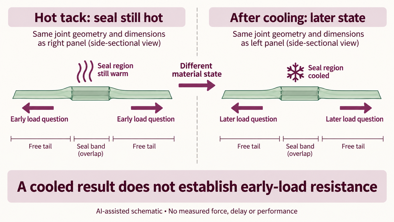Two-panel schematic of the same overlap and free-tail geometry in still-hot and cooled states, with illustrative separating-load arrows.