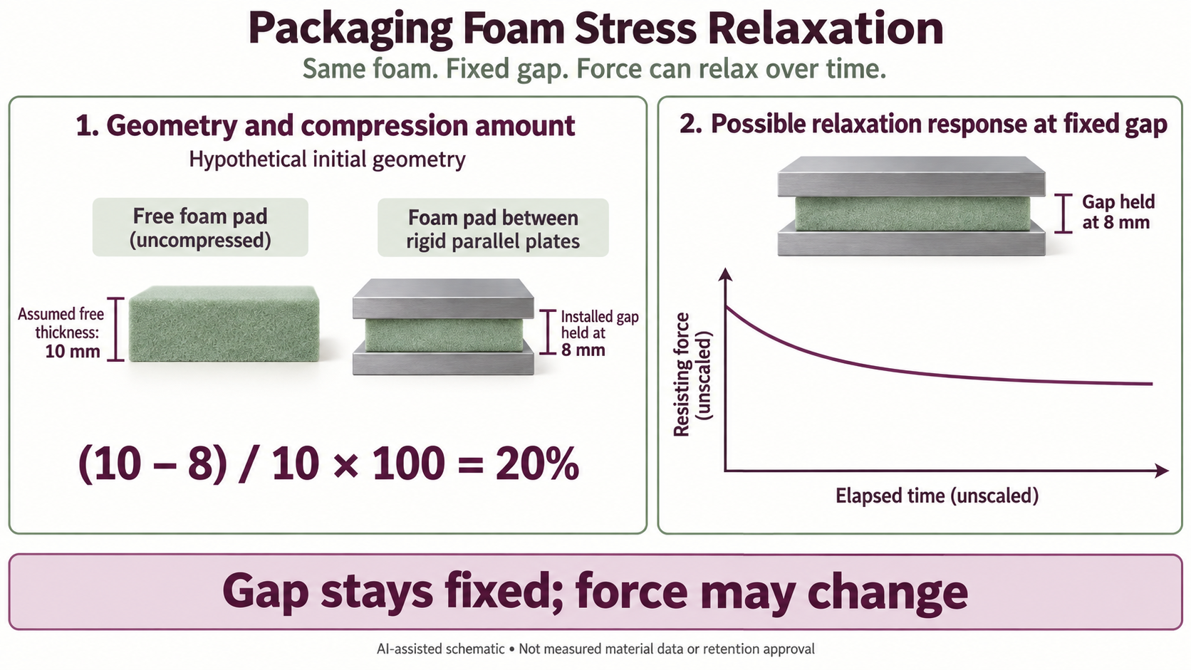 Hypothetical 10 mm free pad held at an 8 mm gap, giving 20% initial compression, beside an unscaled possible resisting-force decline at fixed gap.