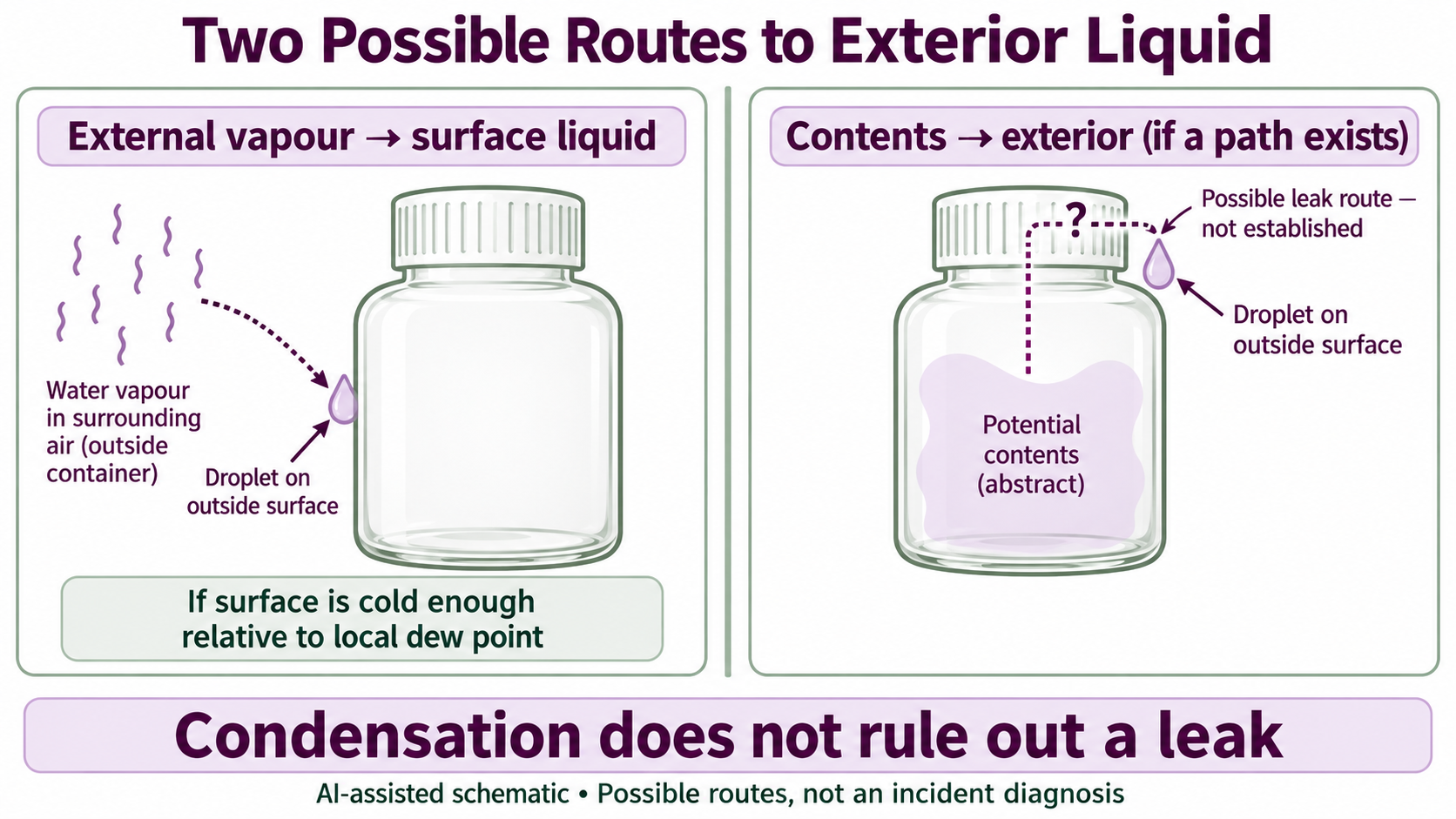 Schematic contrasting outside vapour becoming exterior liquid under a relevant cold-surface condition with a possible contents route through an unestablished closure passage.