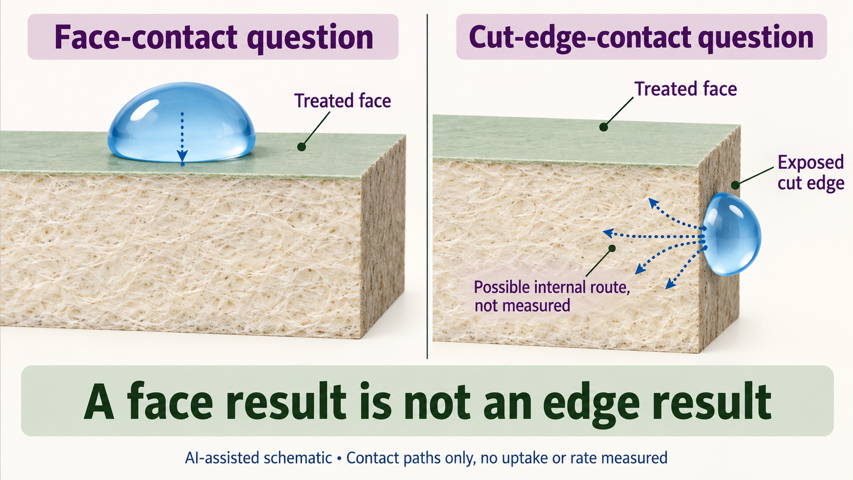 Face-contact and cut-edge-contact sections with a face boundary arrow and dotted possible internal routes from the exposed edge.