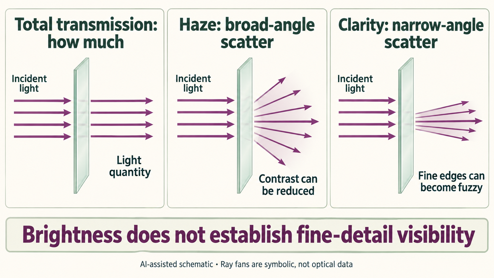 Three-panel schematic distinguishing transmitted light quantity from broad-angle haze and narrower-angle scattering associated with fine-detail clarity.