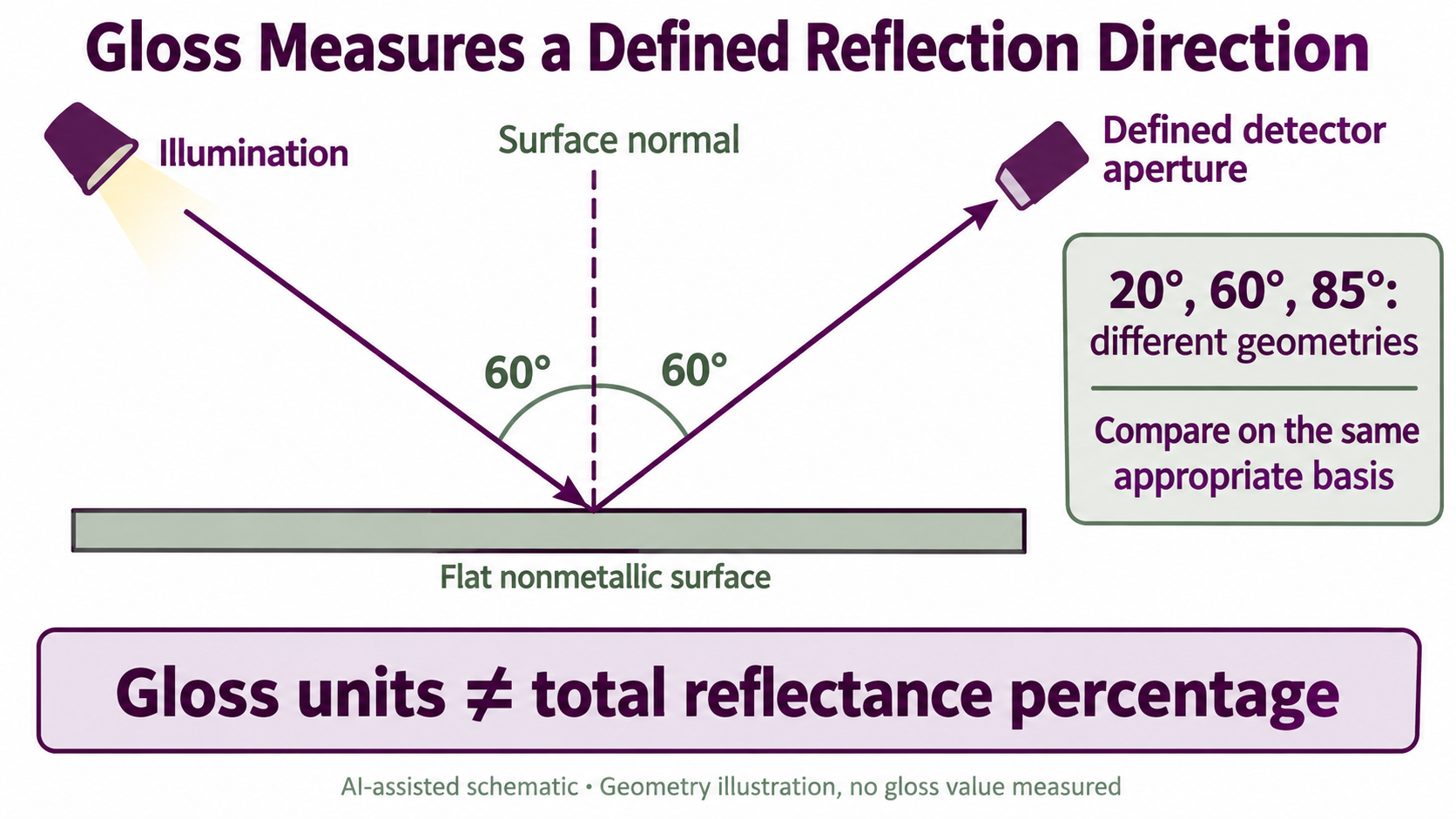 Nominal 60-degree specular reflection geometry referenced to a perpendicular surface normal, alongside 20-, 60- and 85-degree geometry labels and a gloss-unit distinction.