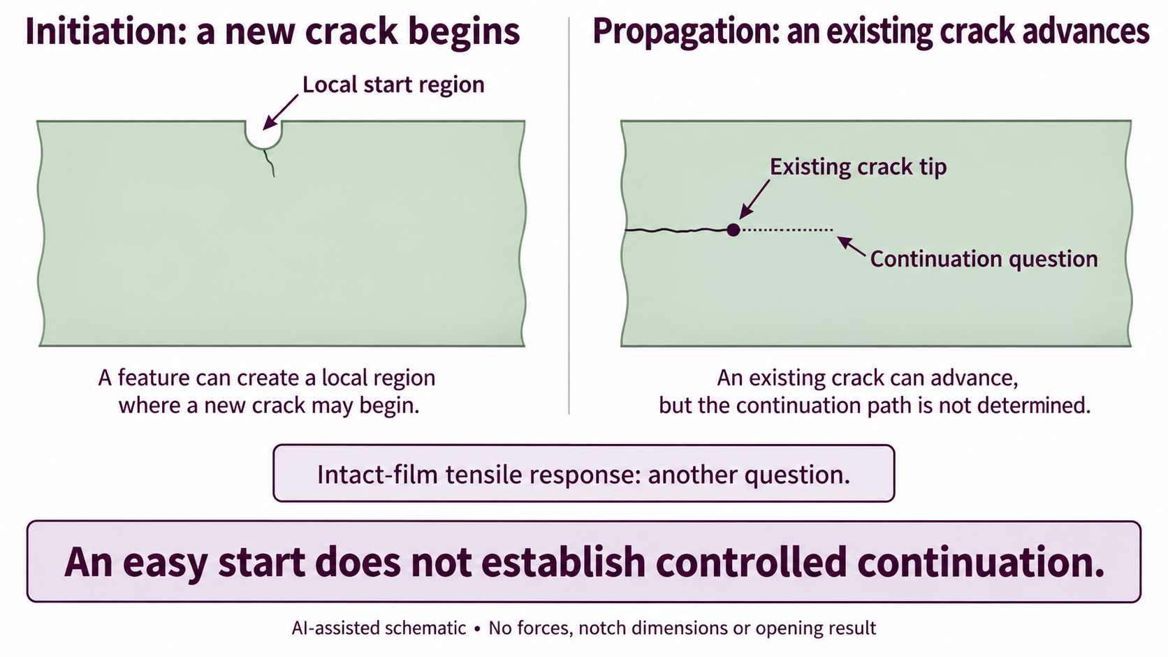 Conceptual film sections distinguishing a tiny new crack at a local start feature from an existing crack tip and dotted possible continuation, separate from intact-film tension.