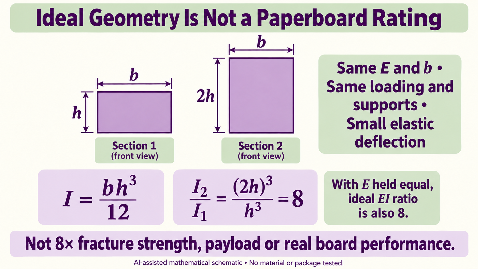 Mathematical schematic of nominal h and 2h homogeneous rectangular sections, giving I equals b h cubed over 12 and an ideal section and equal-E rigidity ratio of eight.