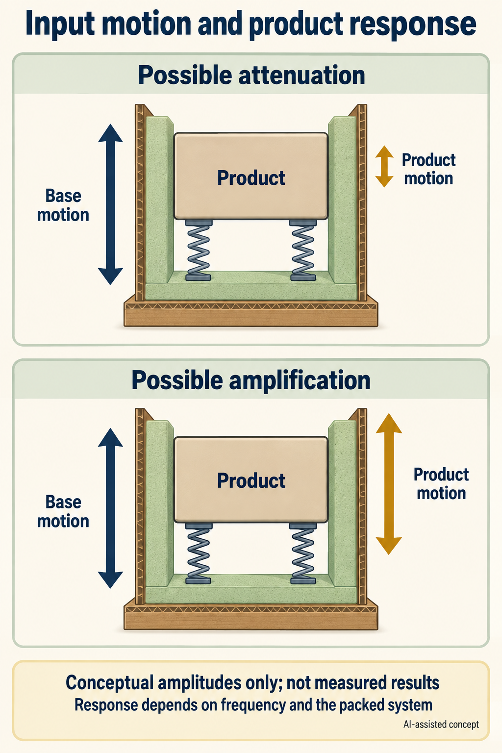 Concept. Possible attenuation and amplification are schematic alternatives under unspecified conditions, not measured results. Side contacts and support symbols illustrate a simplified system; no protection is established.