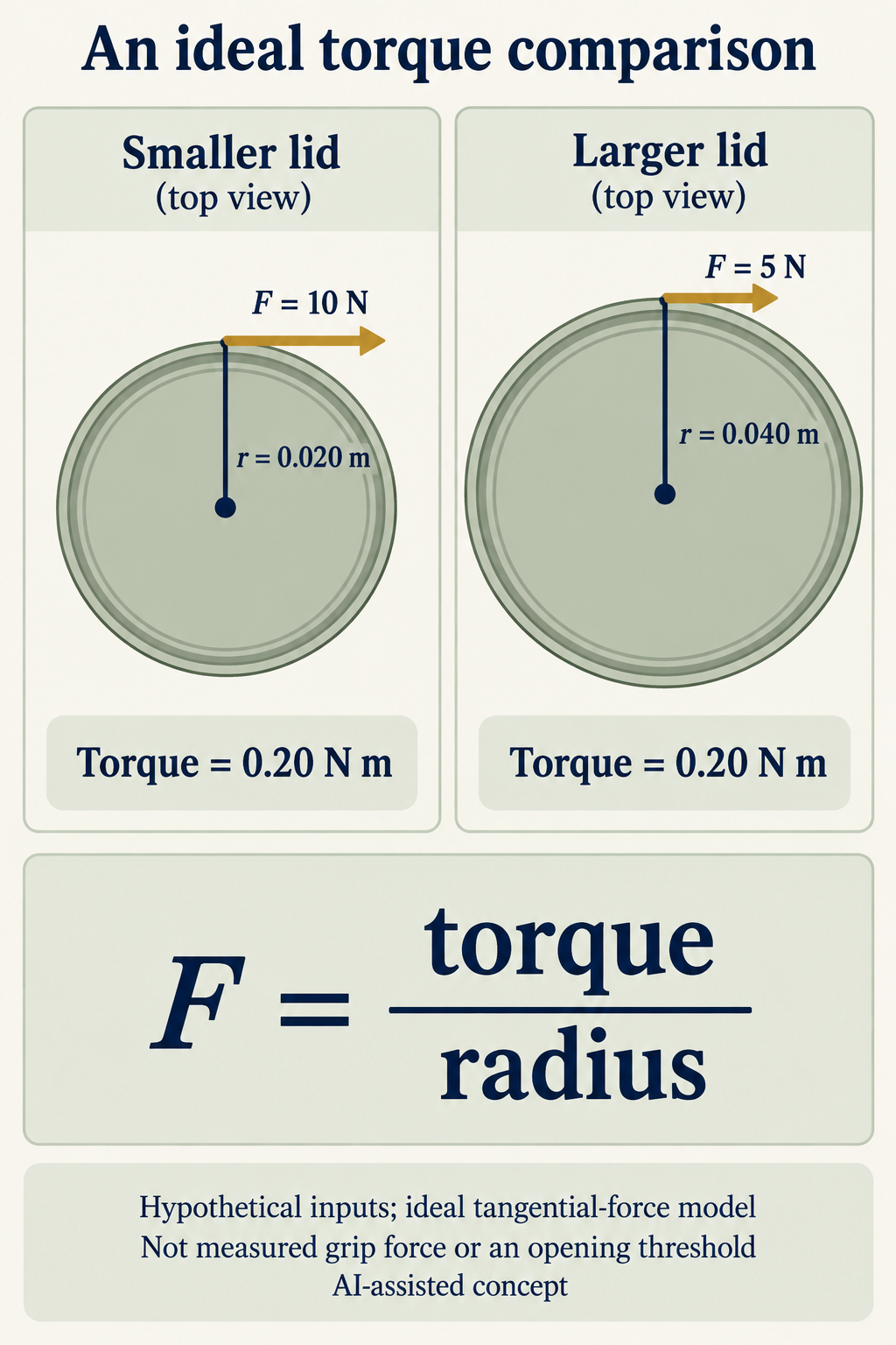 Concept, not to scale. Hypothetical torque of 0.20 N m gives ideal tangential forces of 10 N at 0.020 m and 5 N at 0.040 m. Circle and arrow sizes are schematic, not measured geometry or actual grip force.
