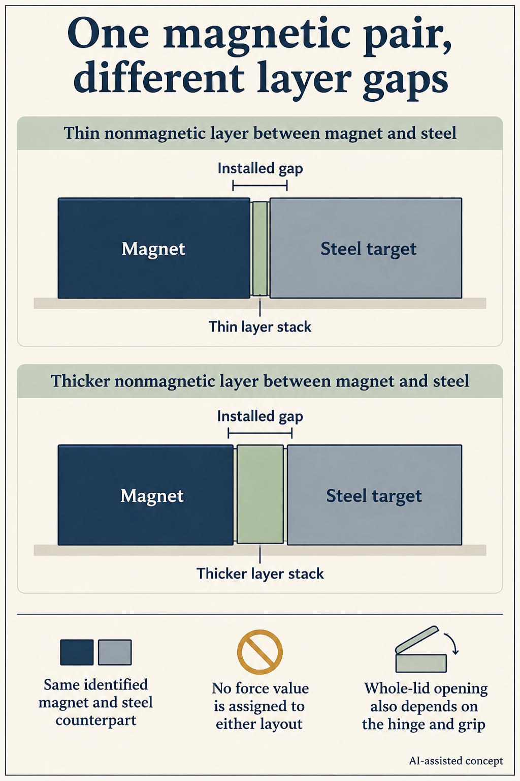 Concept. The same identified magnet-to-steel pair is illustrated with two hypothetical nonmagnetic layer stacks. No force value or opening-performance ranking is assigned.