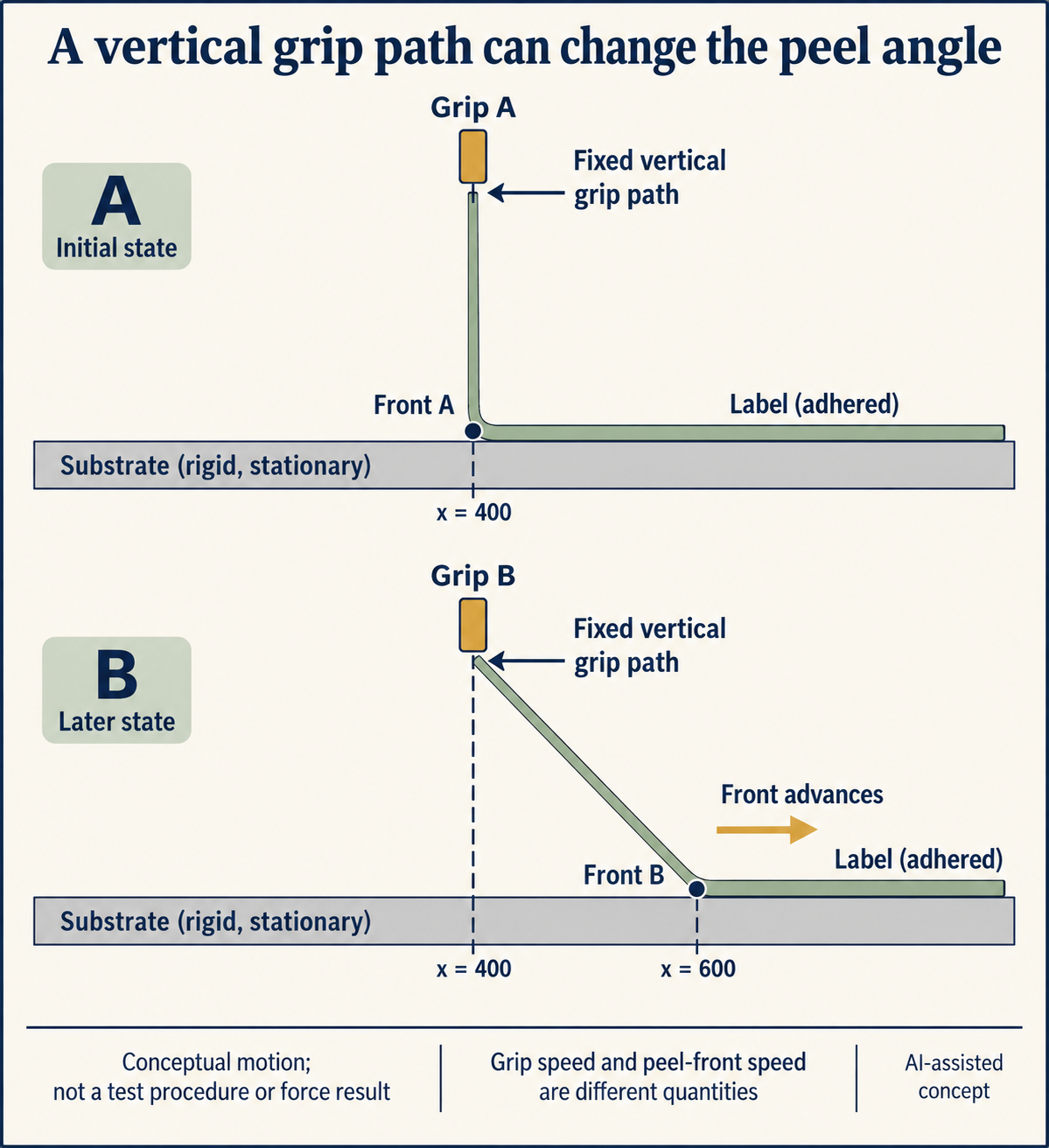 Concept. Two hypothetical times show a grip following one vertical path while the separation front advances. The diagrams are not measured rates, force results or a test procedure.
