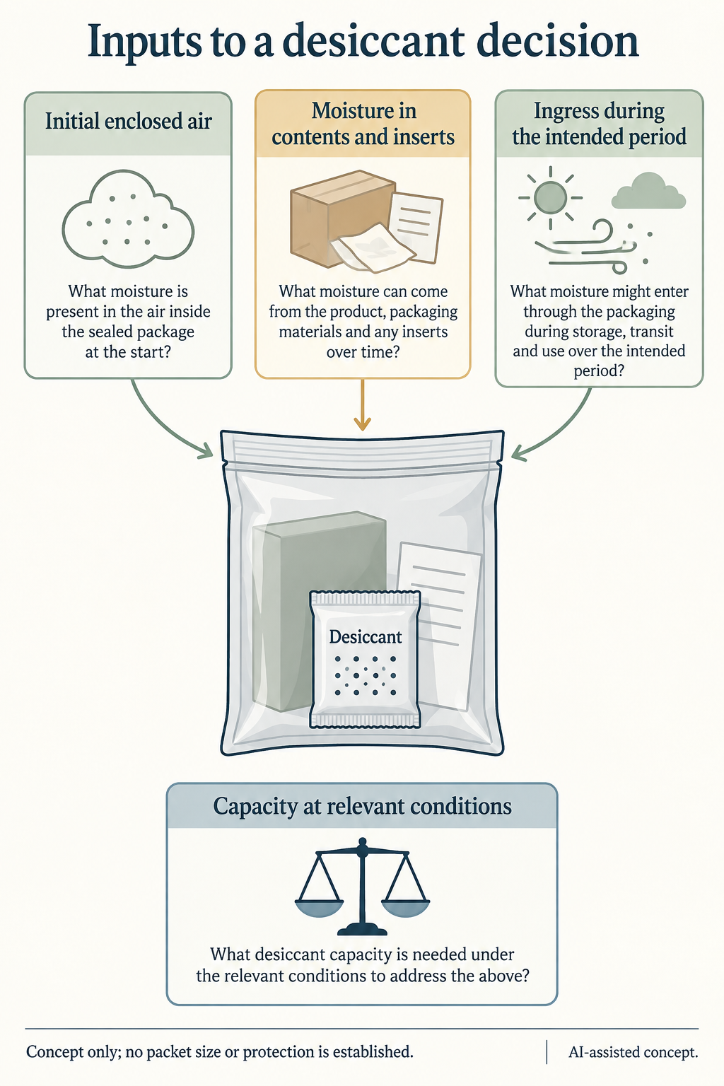 Concept. The arrows identify sources to consider, not measured flows. Initial air, material moisture, ingress and relevant capacity need separate inputs; no dose is calculated.