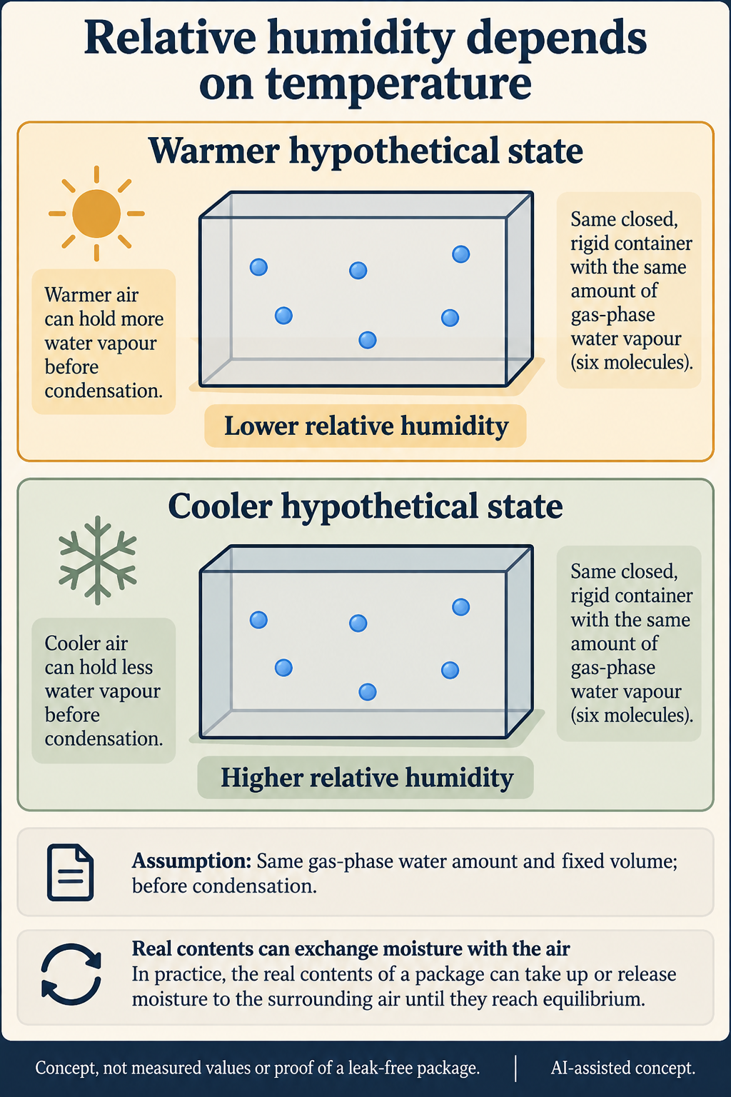 Concept. Six dots are symbolic, not a physical molecule count or measurement. Warmer/cooler states illustrate the same fixed-volume gas-phase amount before condensation; material exchange can alter a real filled package.
