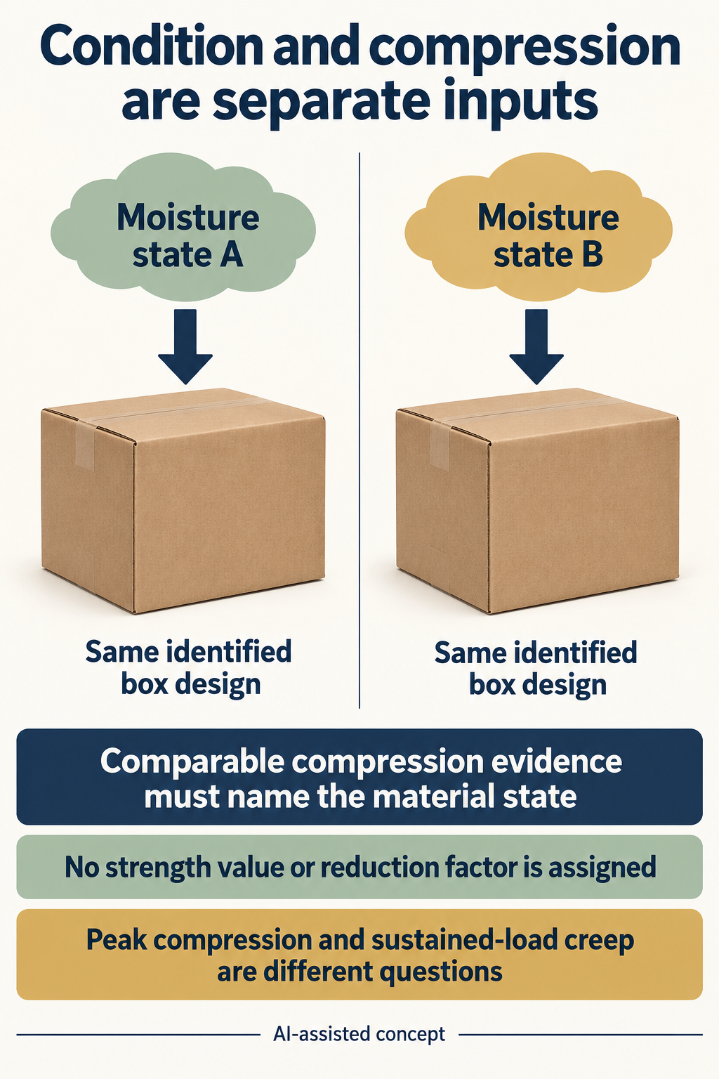 Concept. Moisture states and loading are separate conceptual inputs. Arrows are not an apparatus, defined force or a prediction of container strength.