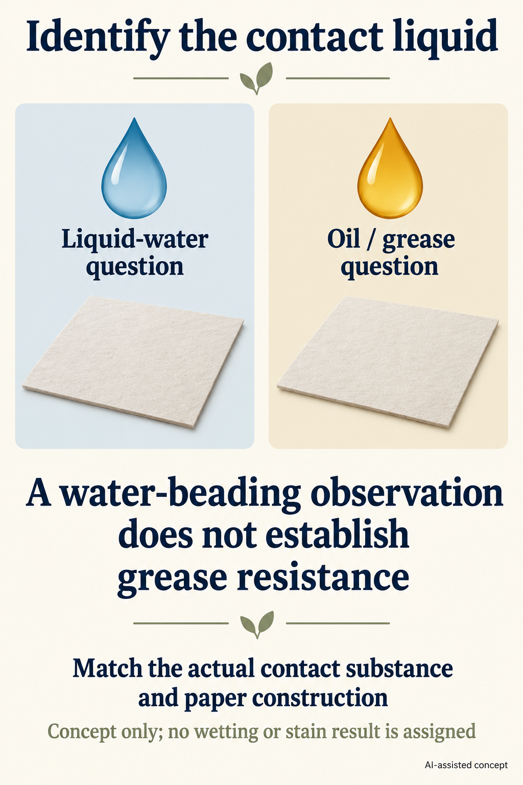 Concept. Water and oil symbols identify comparison targets, not measurements. No wetting, penetration, product compatibility or grease-resistance result is assigned.