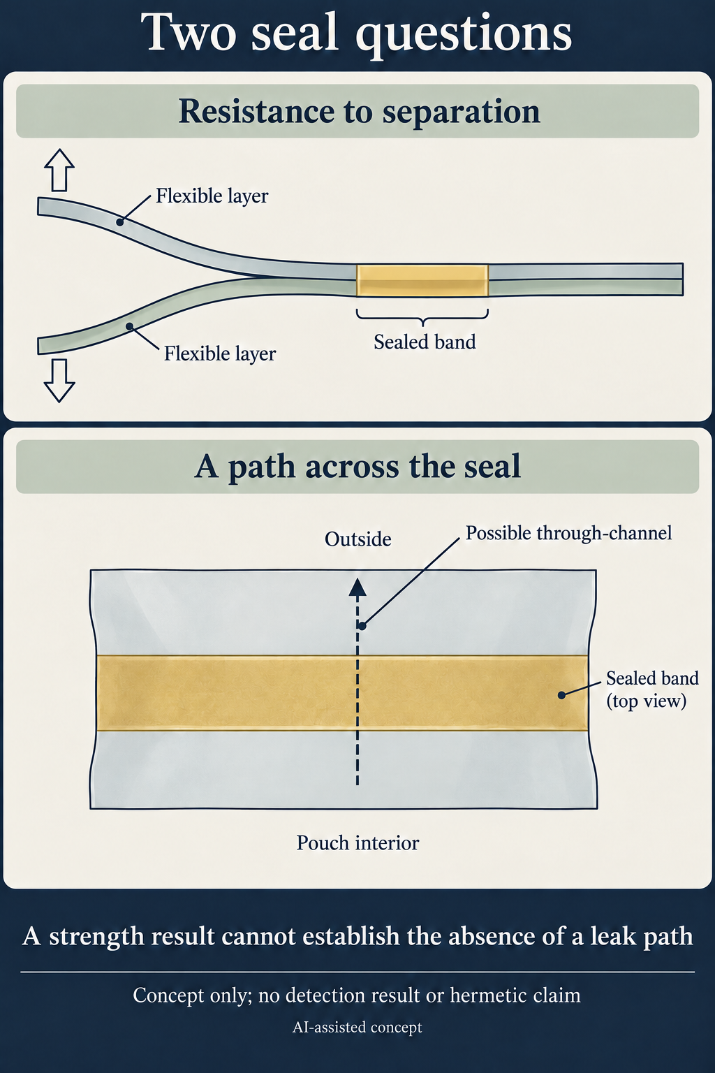 Concept. The diagrams distinguish qualitative separation from a hypothetical channel across the seal band. They are not a standard test setup, detection result or hermetic-performance claim.