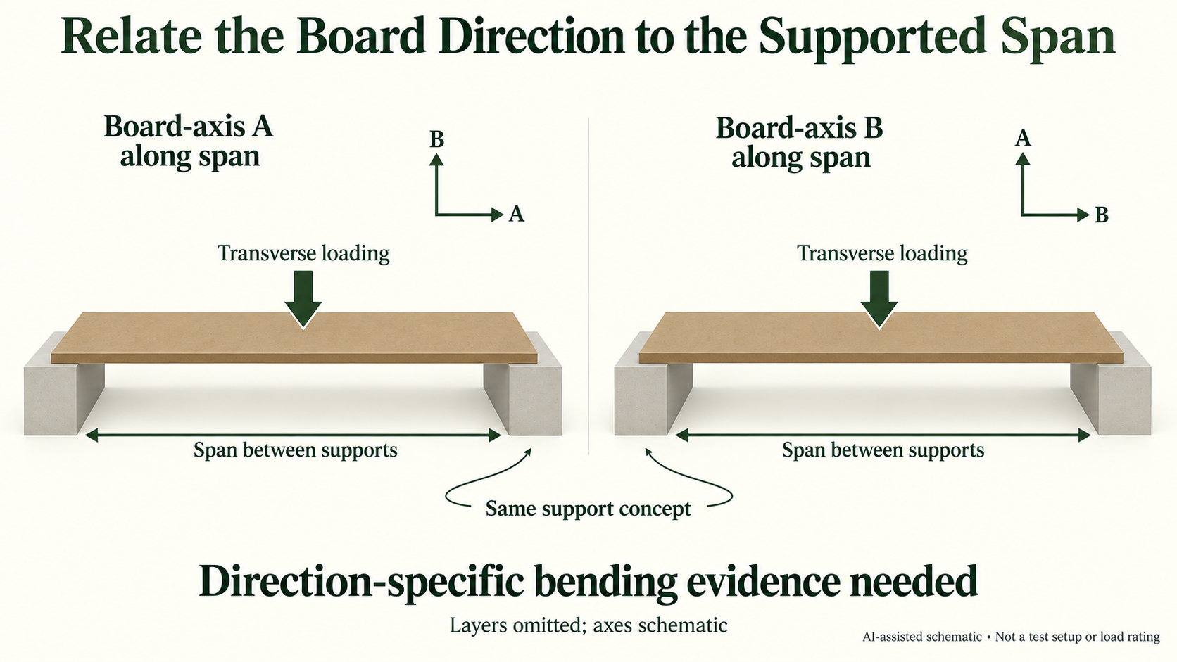 Teaching schematic relating alternative board axes to the same supported span and transverse loading. Layers are omitted; no test setup or load rating is represented.