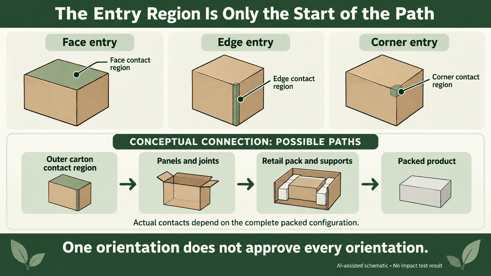 Teaching schematic of possible connections from an outer contact region through panels and supports to the product. Actual contacts depend on the complete configuration; no impact result is shown.