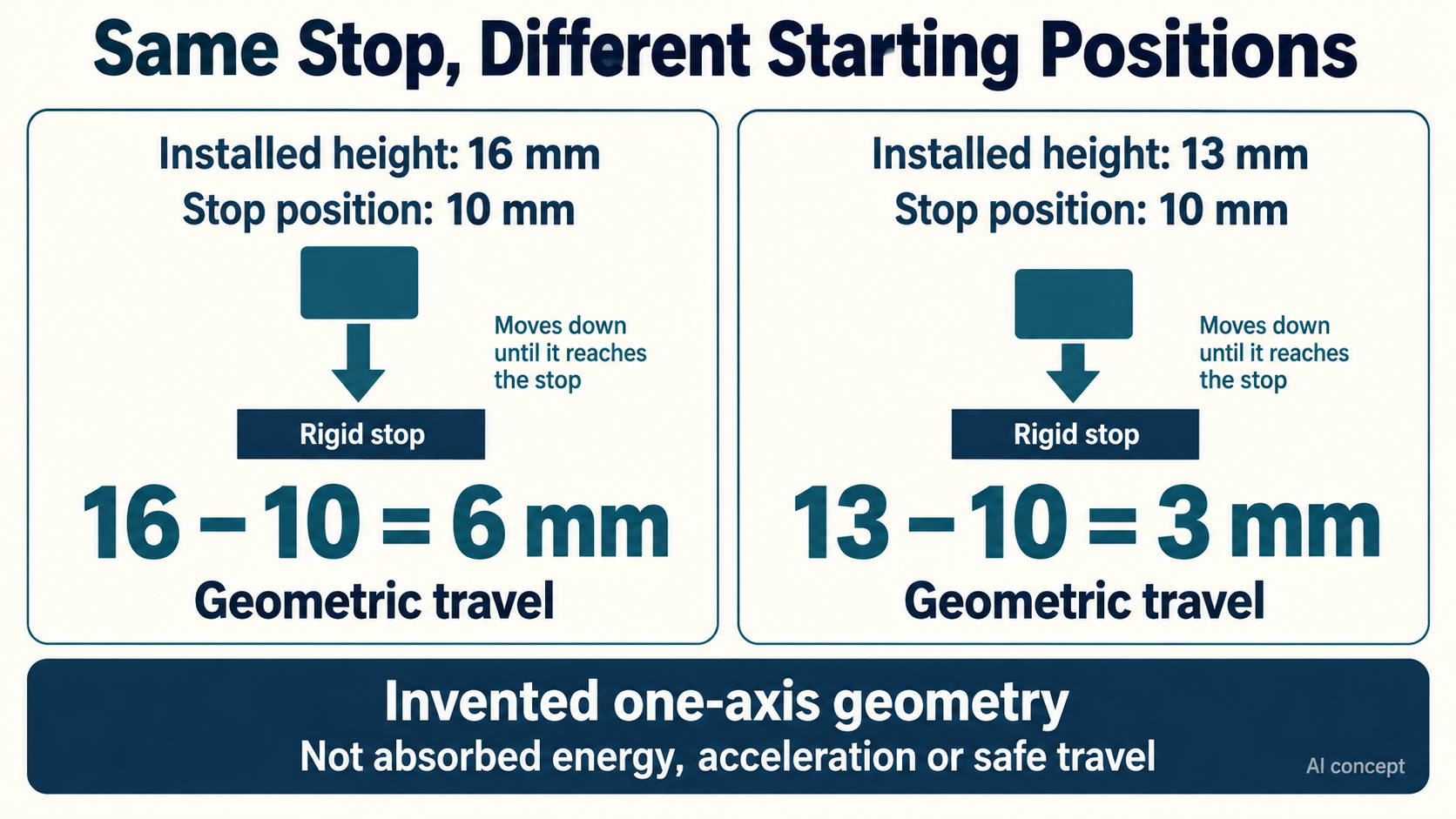 Hypothetical geometry: installed heights of 16 or 13 mm above a 10 mm stop leave 6 or 3 mm geometric travel. Neither distance establishes useful cushioning range, absorbed energy or protection.