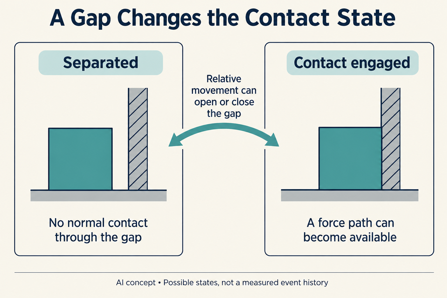 Unscaled comparison of separated and engaged contact states. The body separately uses an invented 2 mm gap; the image supplies no dimension, vibration amplitude or measured damage.