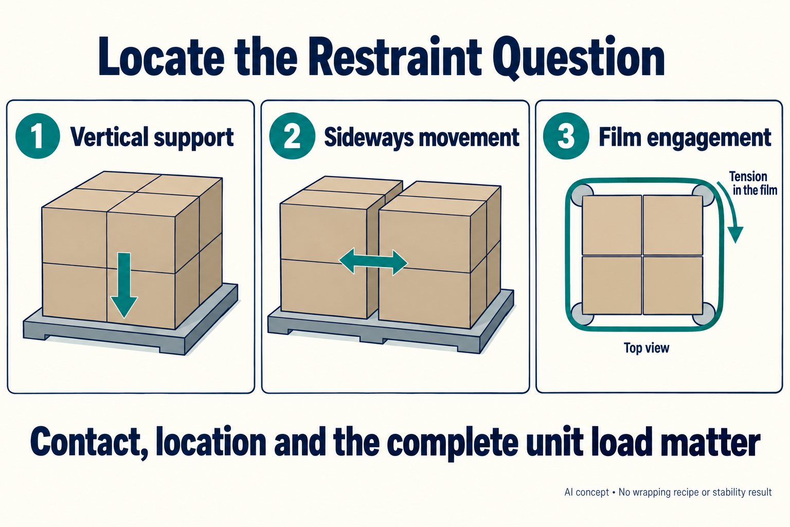 Mechanism schematic distinguishing vertical support from lateral restraint. No film grade, wrapping recipe or load stability is approved.