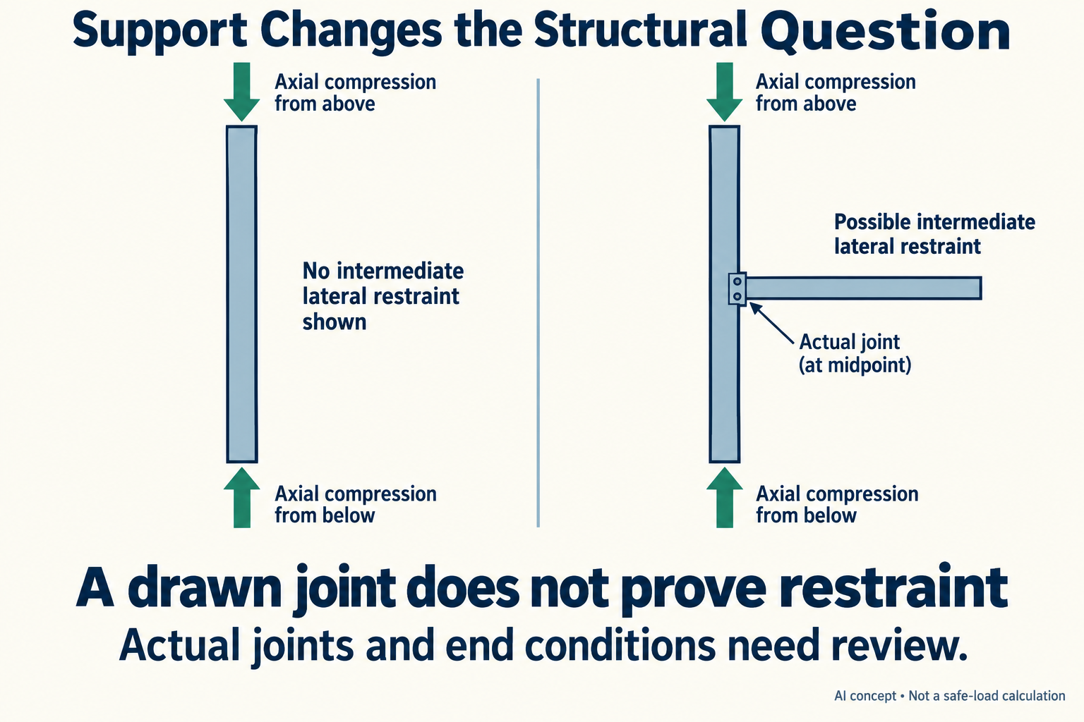 Schematic of supported and unsupported divider concepts under axial compression. No critical load, complete boundary condition or material strength is measured.