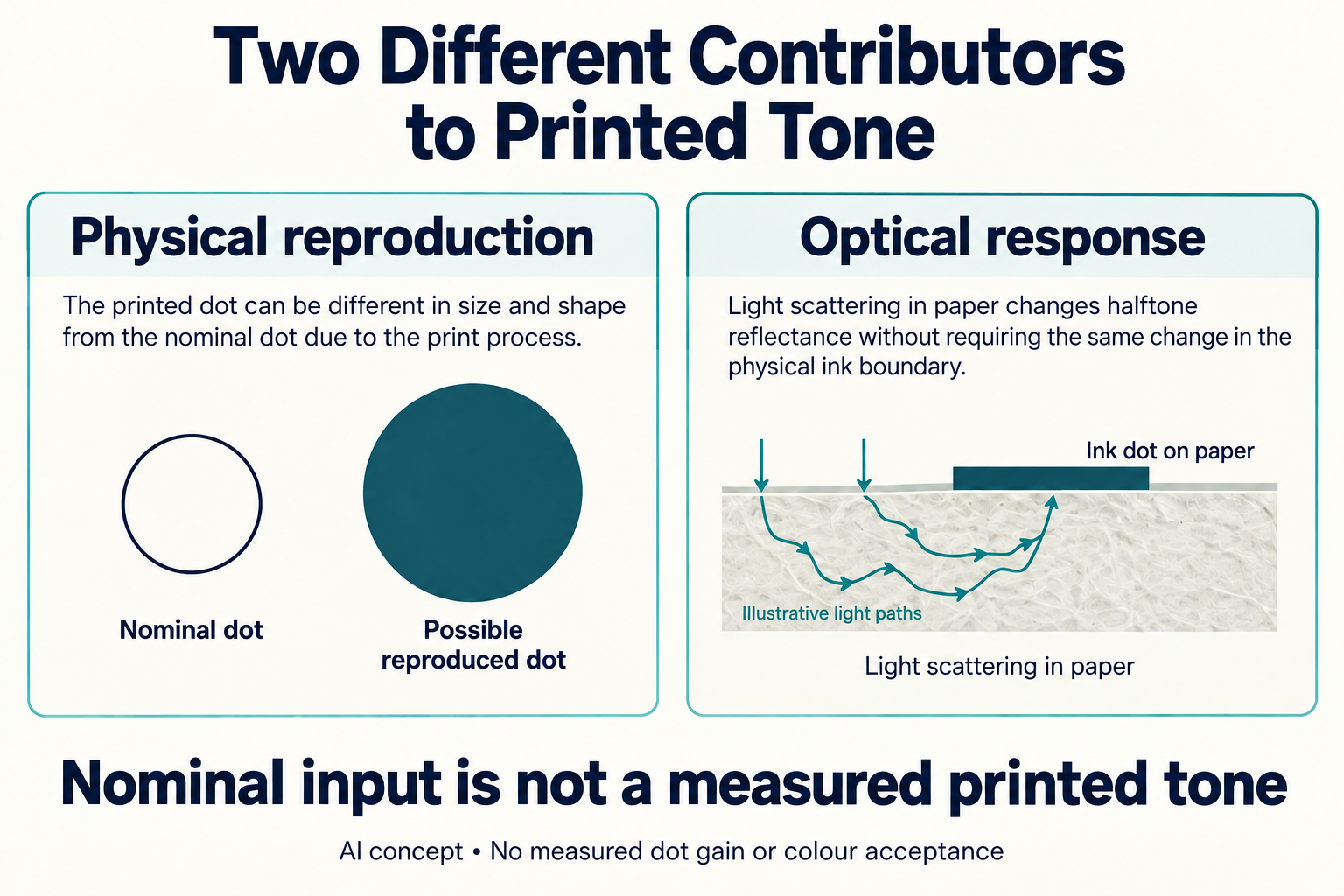 Schematic separating nominal artwork tint, physical reproduction and optical response. No printed tone value, measured gain or colour acceptance is supplied.