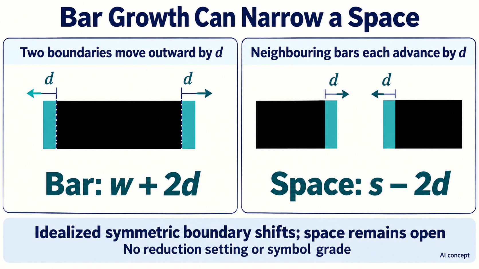 Unscaled bar-and-space schematic. Bar growth and narrower spaces are possible print geometry changes; no bar-width reduction setting, symbol grade or actual barcode is established.