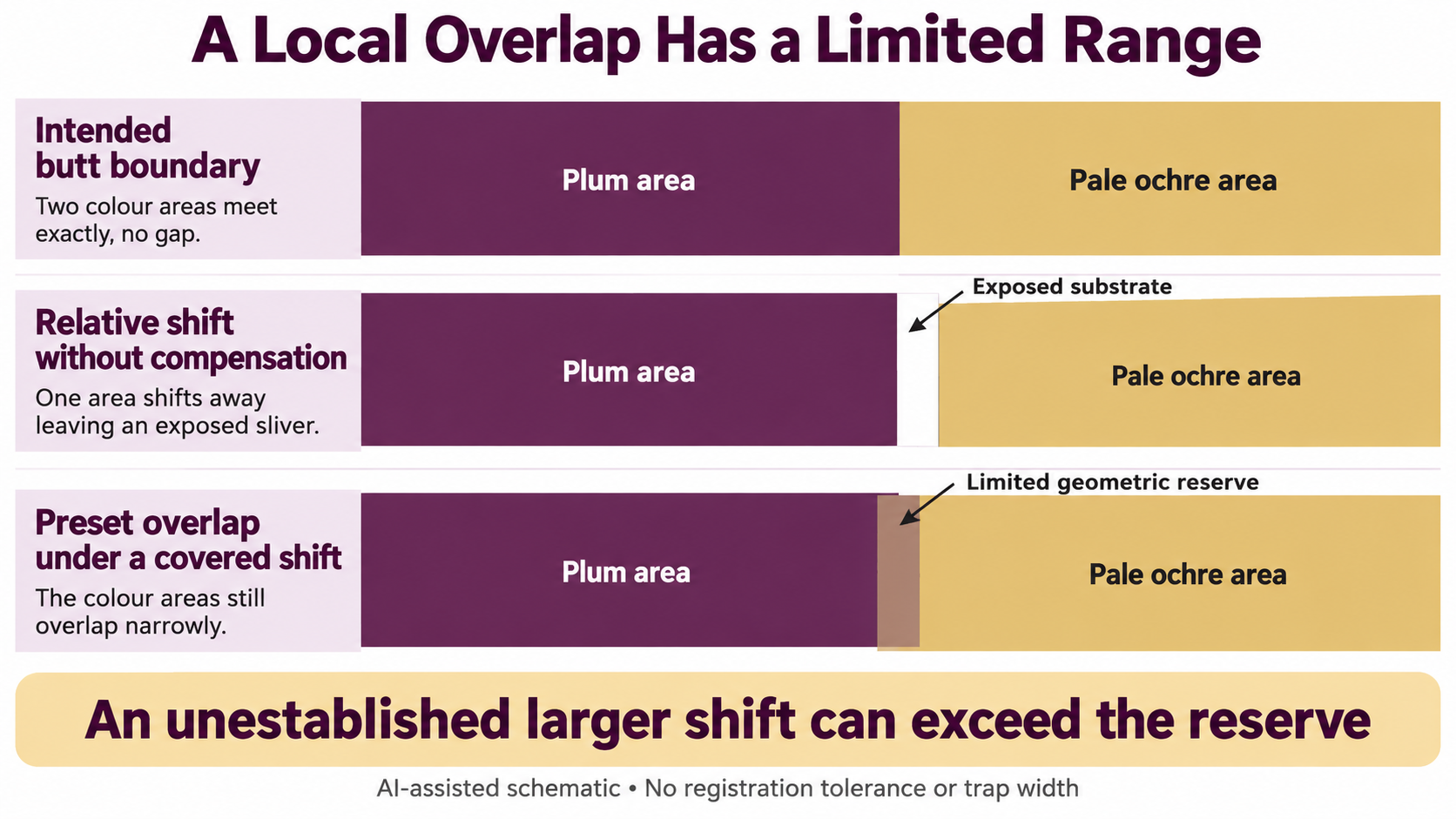 Three-row boundary schematic showing intended meeting, a gap after relative shift, and a preset overlap under a covered hypothetical shift.