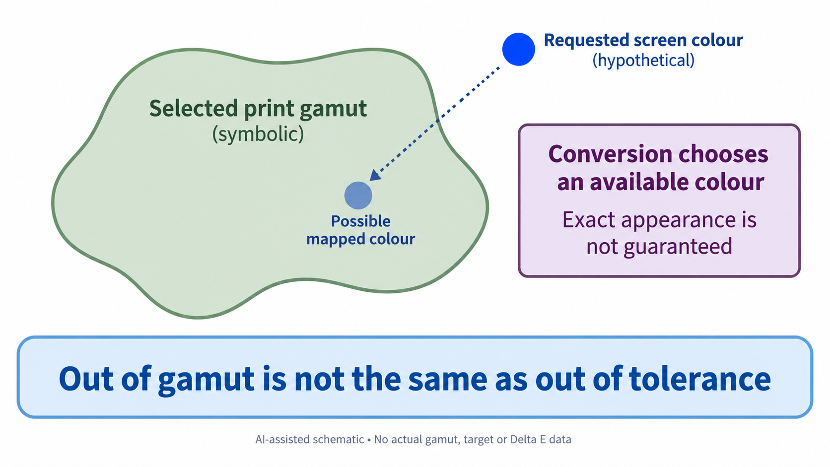 Symbolic output-gamut boundary with a hypothetical requested colour outside it and one possible mapped colour inside.