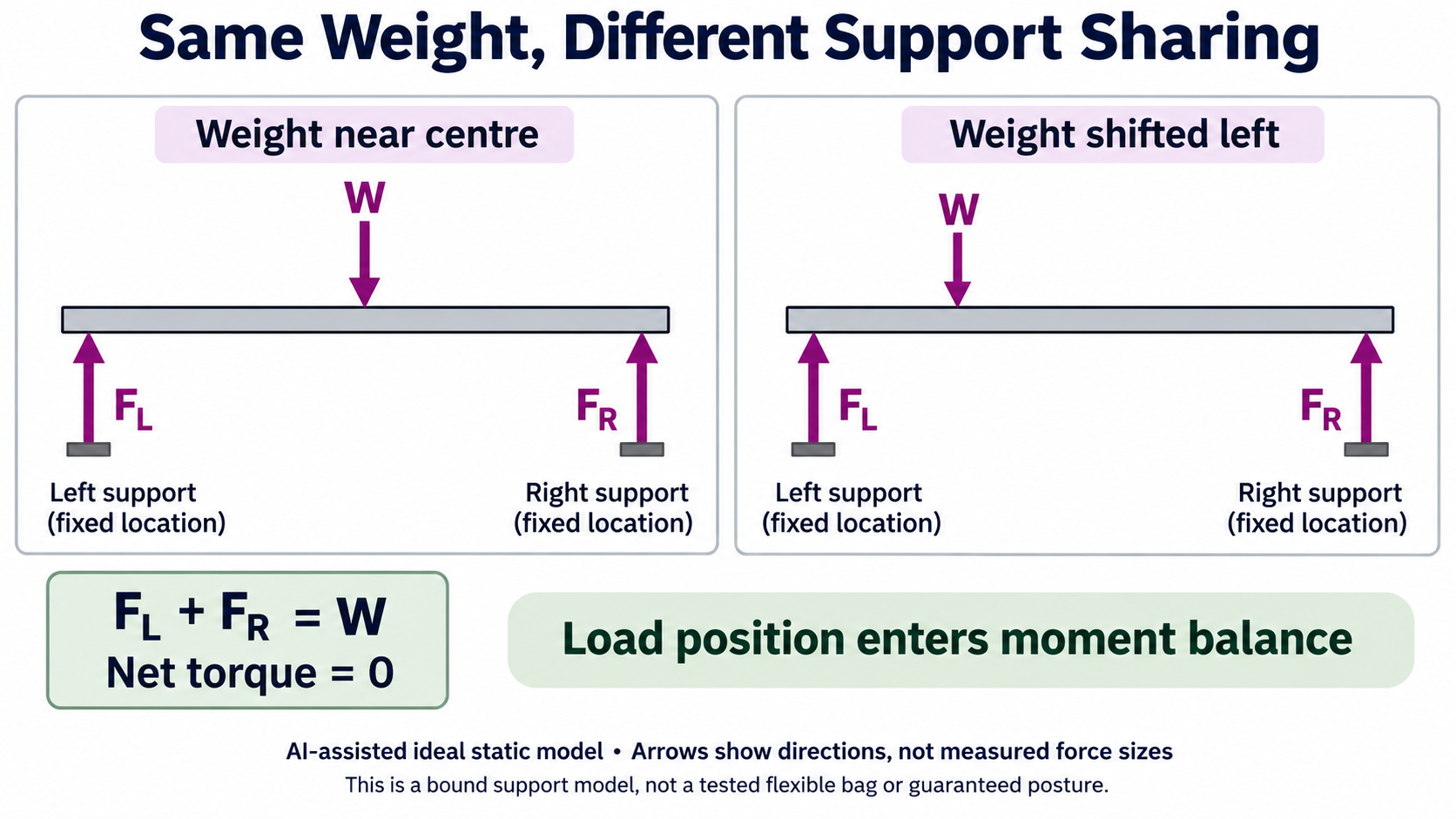 Ideal rigid-bar support model with the same assumed weight near the centre or shifted left, upward support arrows and force/moment balance labels.