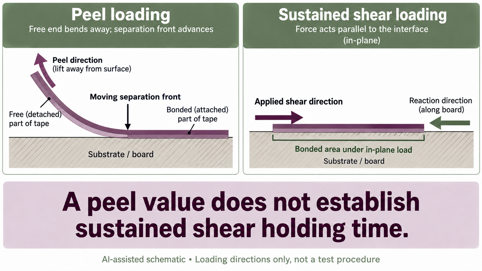 Bonded/free tape section with a moving peel separation front, beside a flat bonded area under parallel loading and an opposing reaction direction.