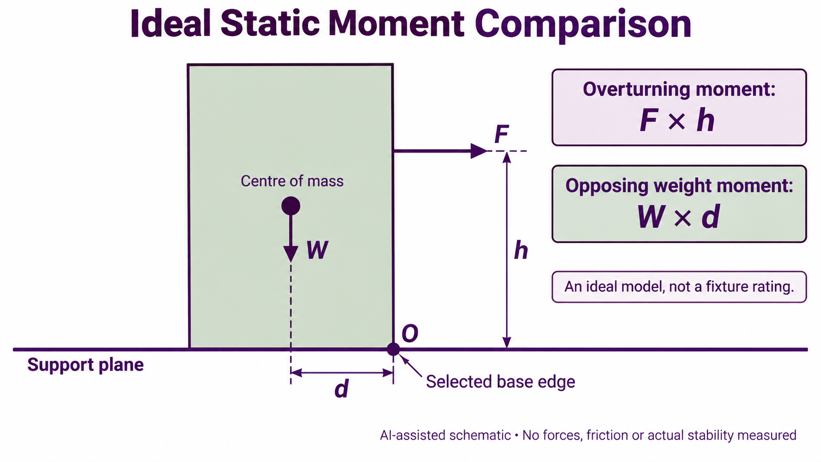 Two-dimensional ideal block at a common support plane and selected pivot O, with symbolic horizontal force F, downward weight W and lever arms h and d.