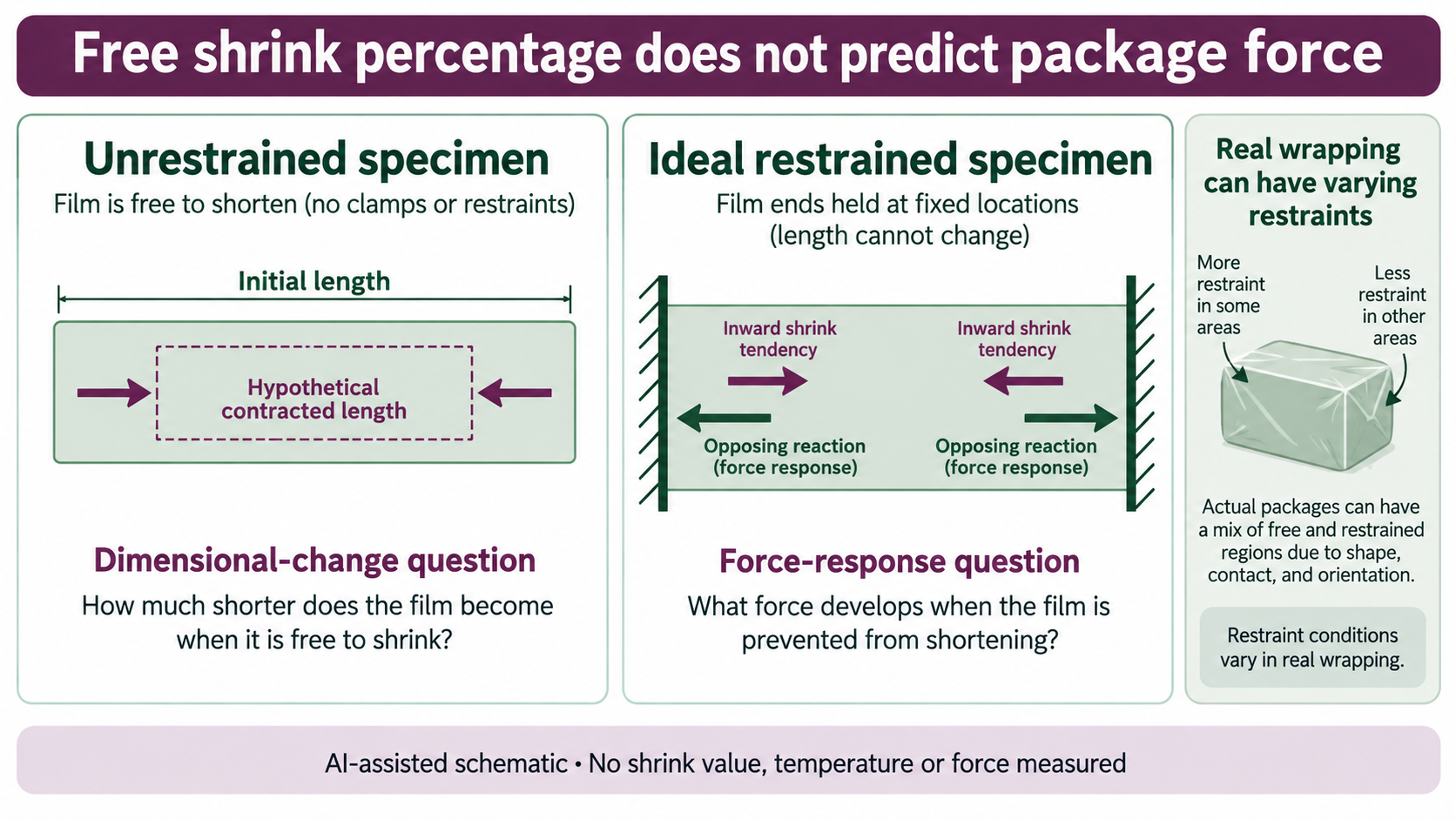 Unrestrained film-length question beside an ideal fixed-end film force-response question and possible varying restraints around a package.