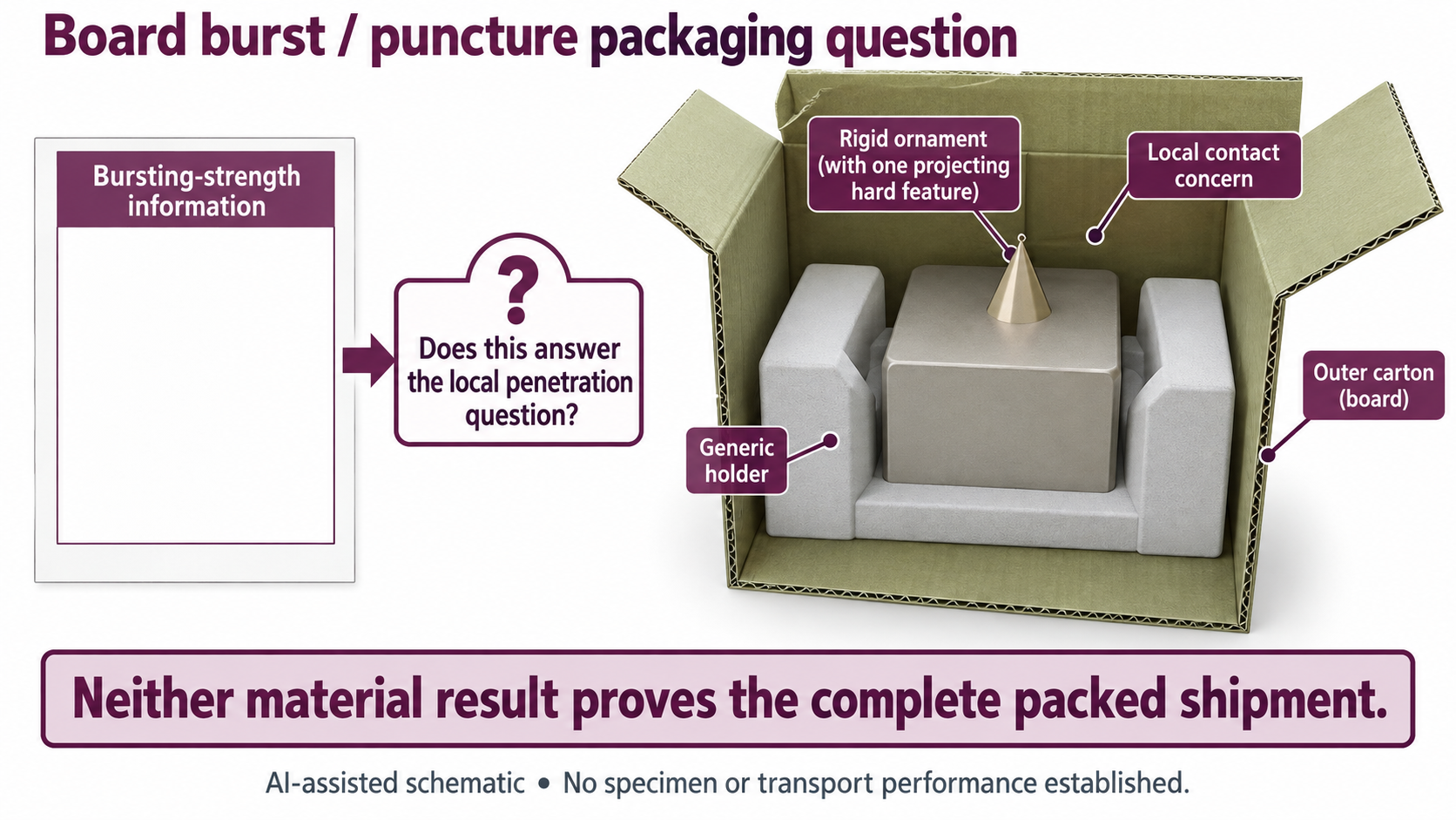 Hypothetical ornament block with a projecting hard feature and generic holder in an outer carton, beside a blank burst-information card and local-contact question.