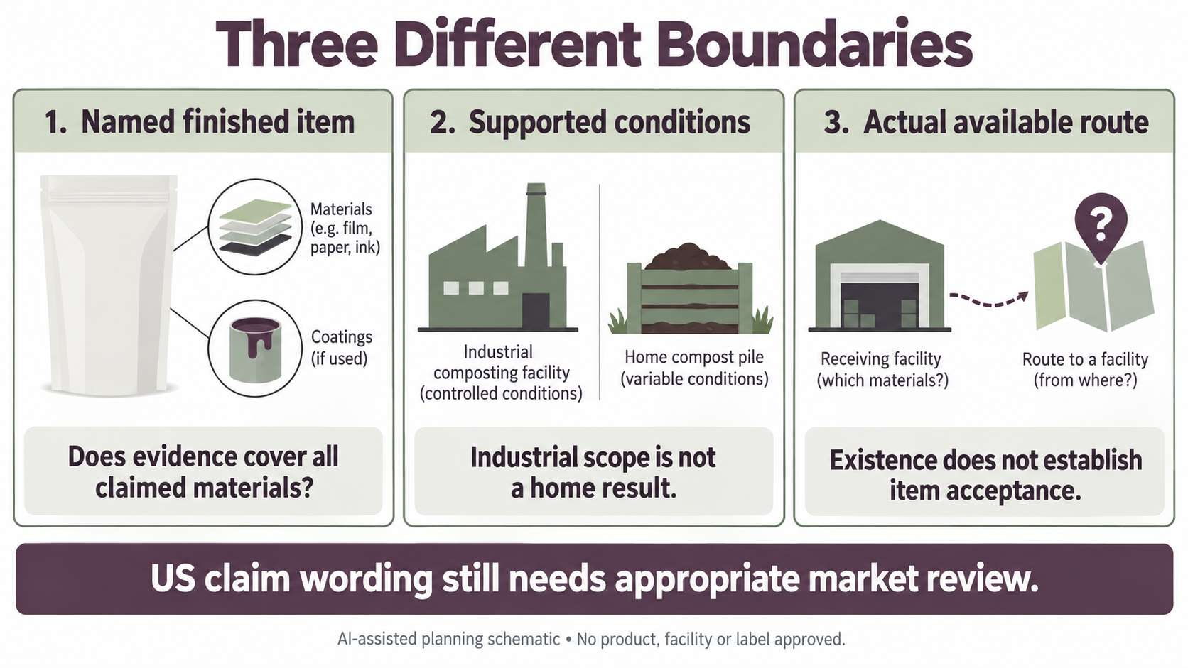 Three-boundary planning diagram separating the named finished item, supported industrial or home conditions and an actual available receiving route.