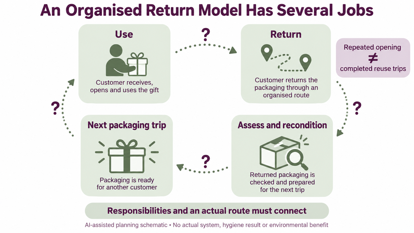 Organised-return model linking use, return, assessment/reconditioning and next packaging trip with open question markers.