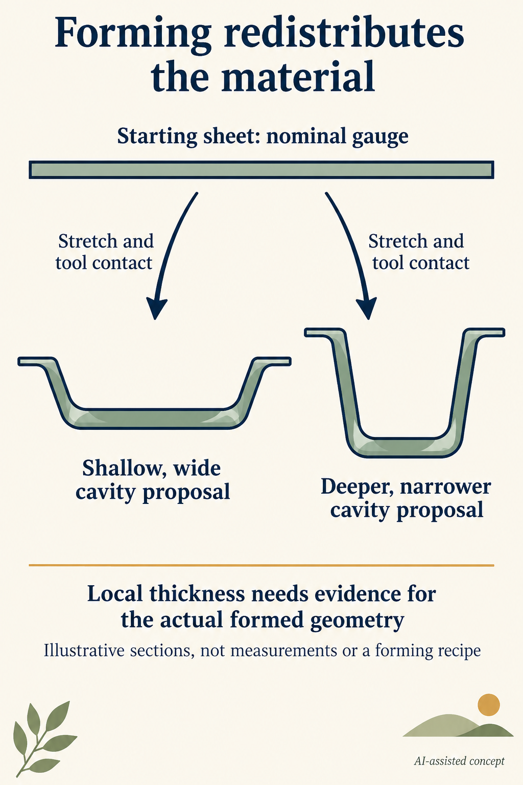 Concept. Illustrative sections show geometry and material-distribution questions, not actual measurements, a universal thin location or a forming recipe.
