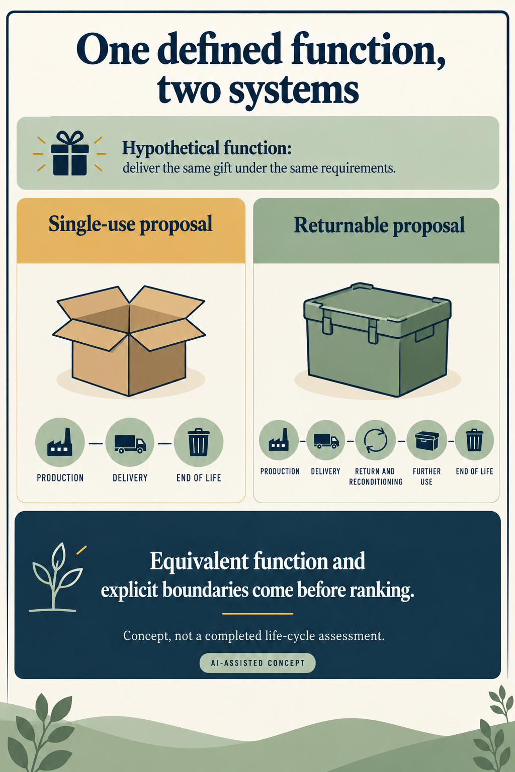 Concept. The routes are proposed systems for one hypothetical function. No reuse count, observed return operation or completed life-cycle assessment is shown.